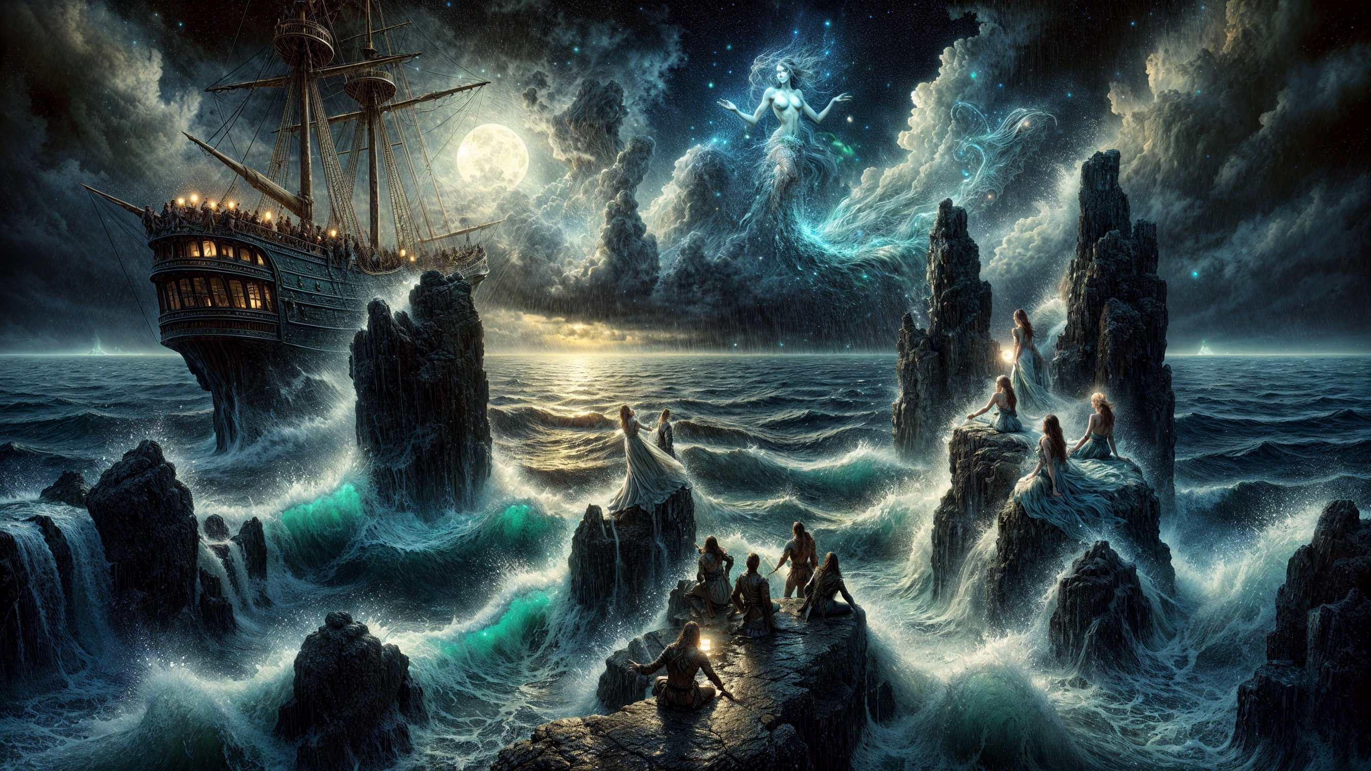 Mystical Night Seascape with Ship and Mermaids