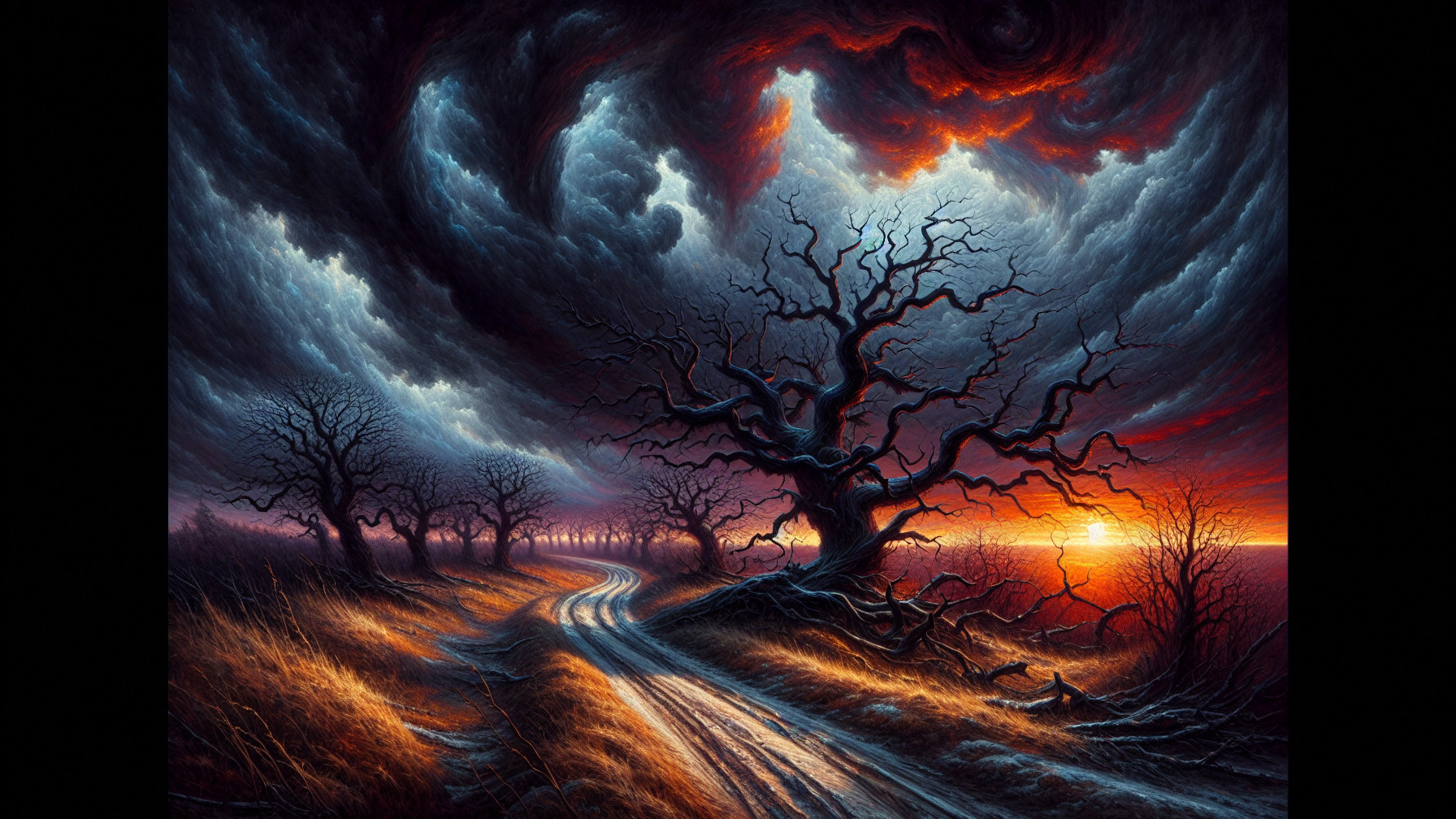 Detailed Fantasy Landscape with Dramatic Sunset Colors