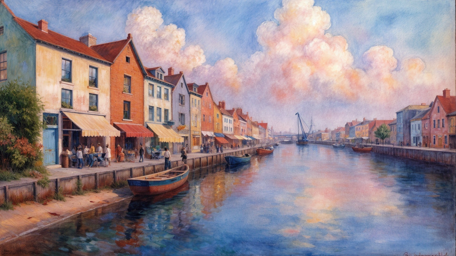 Waterfront Scene with Colorful Houses and Boats