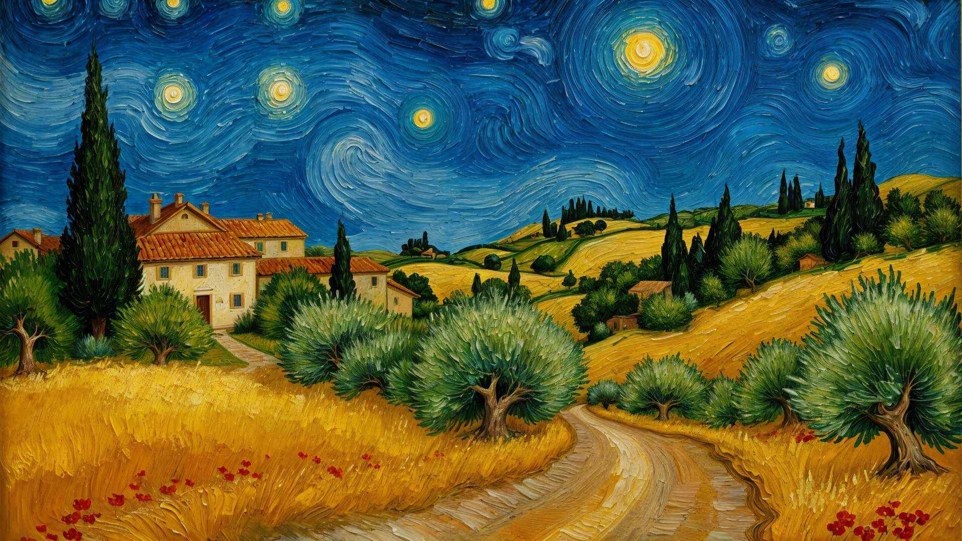 Vibrant Night Sky Over Serene Countryside Landscape