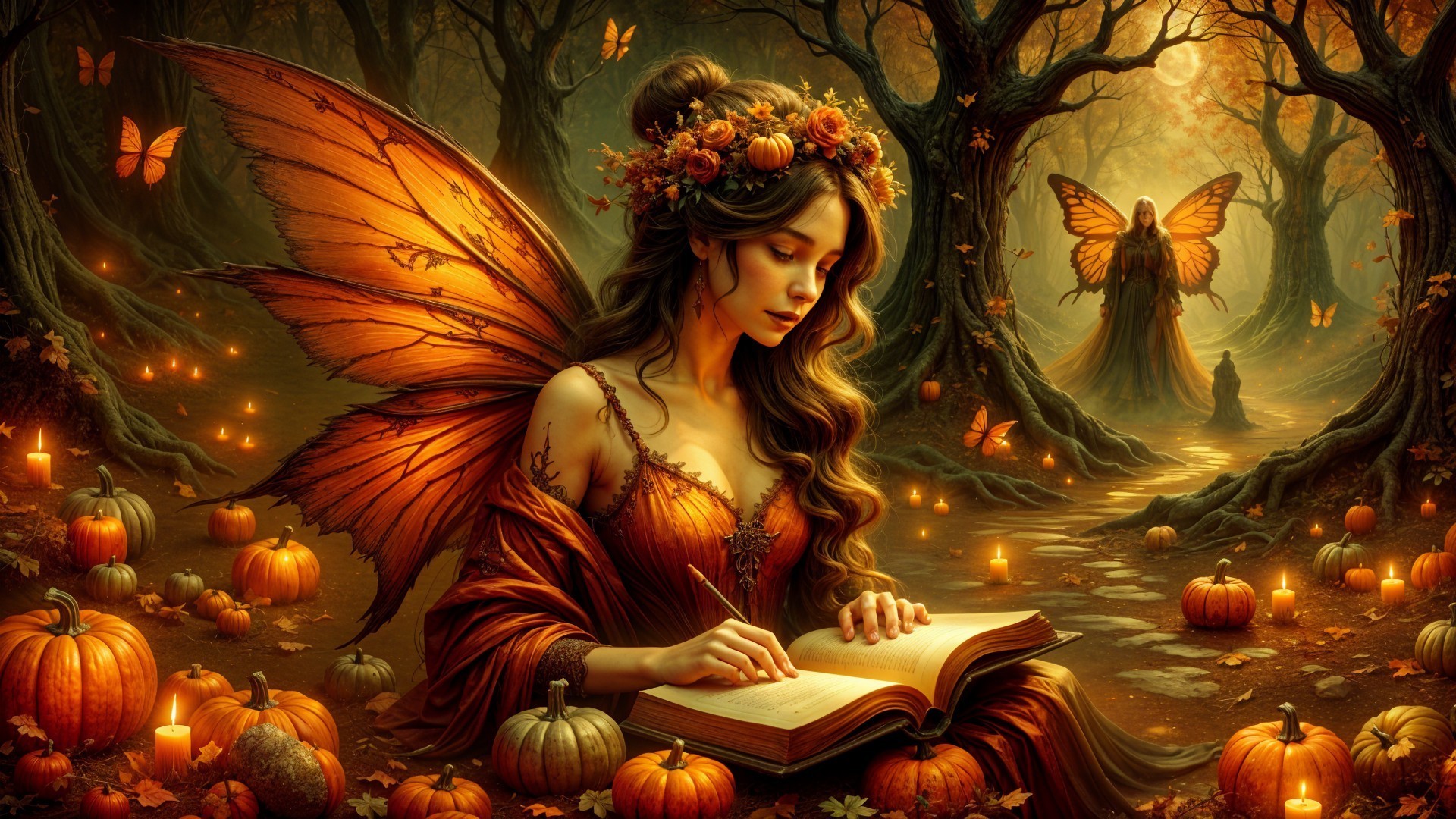 Fairy Writing in Autumn Forest with Pumpkins and Butterflies