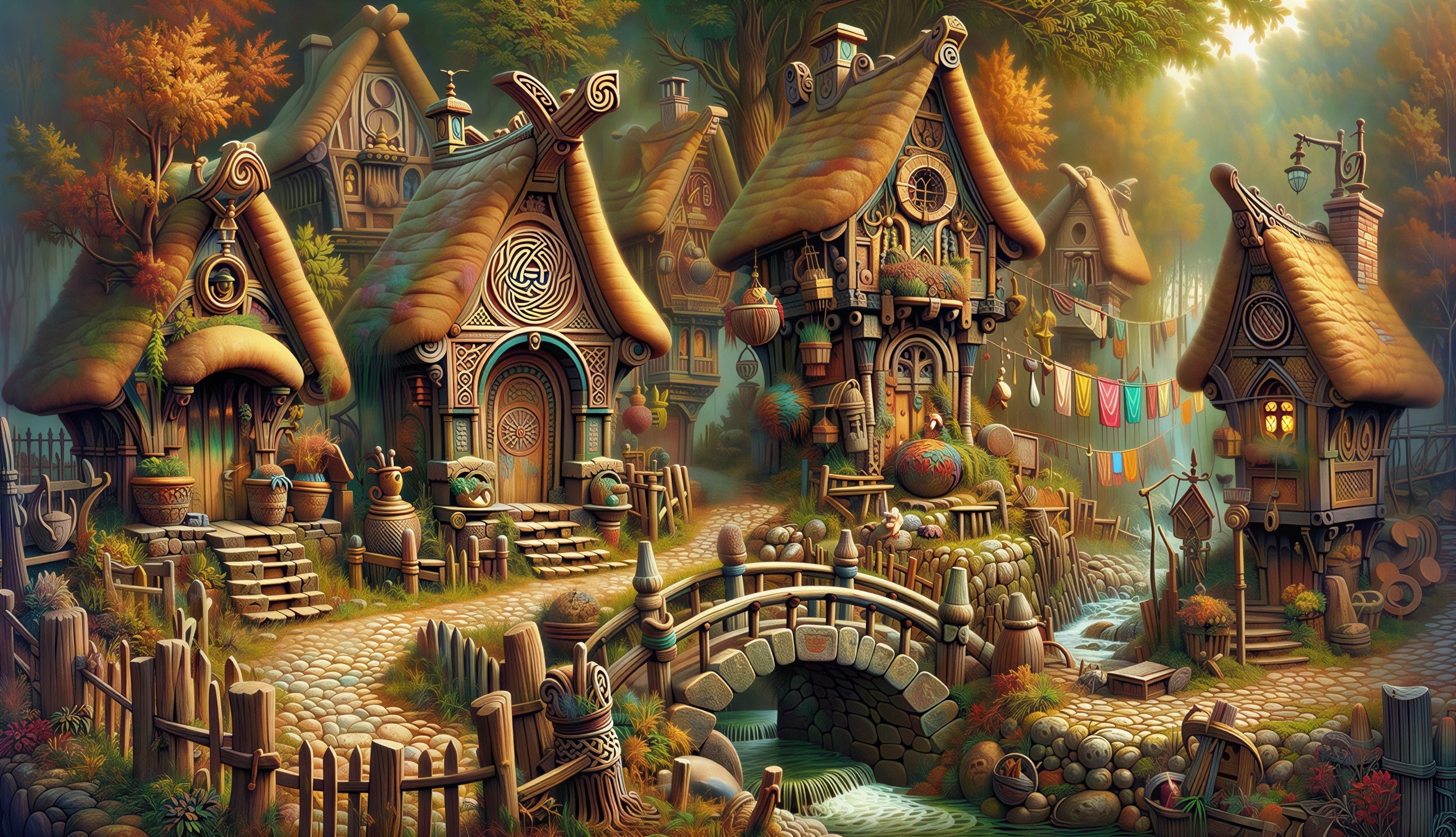 Intricate Village in Whimsical Forest with Hobbit Houses