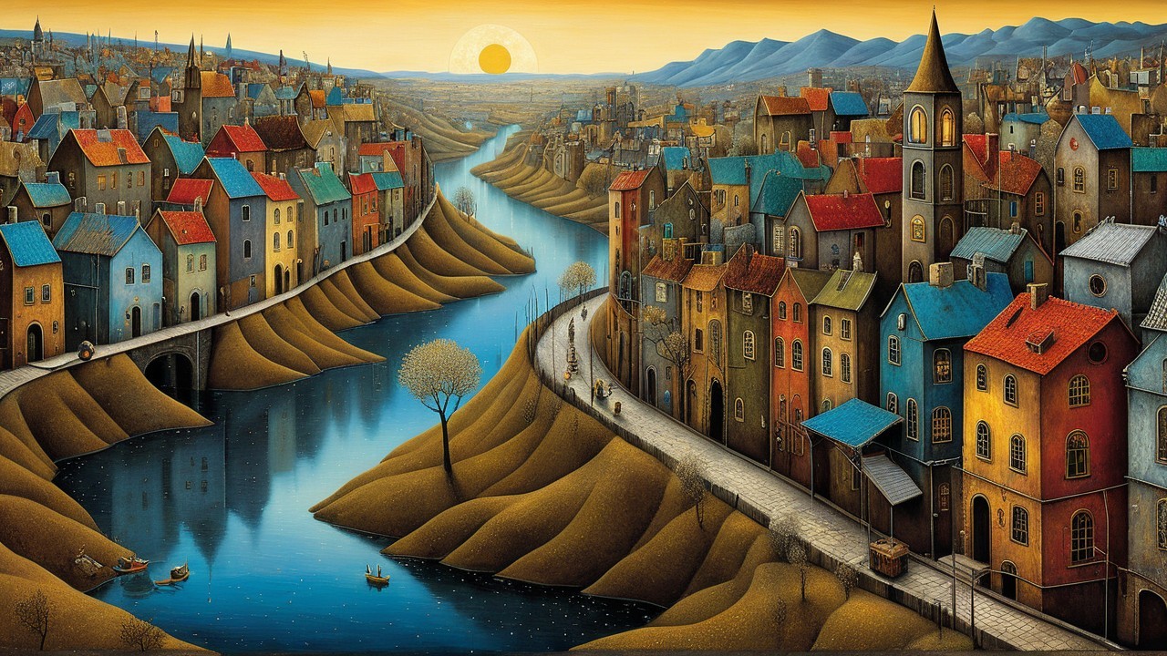 Whimsical Cityscape with River and Colorful Buildings