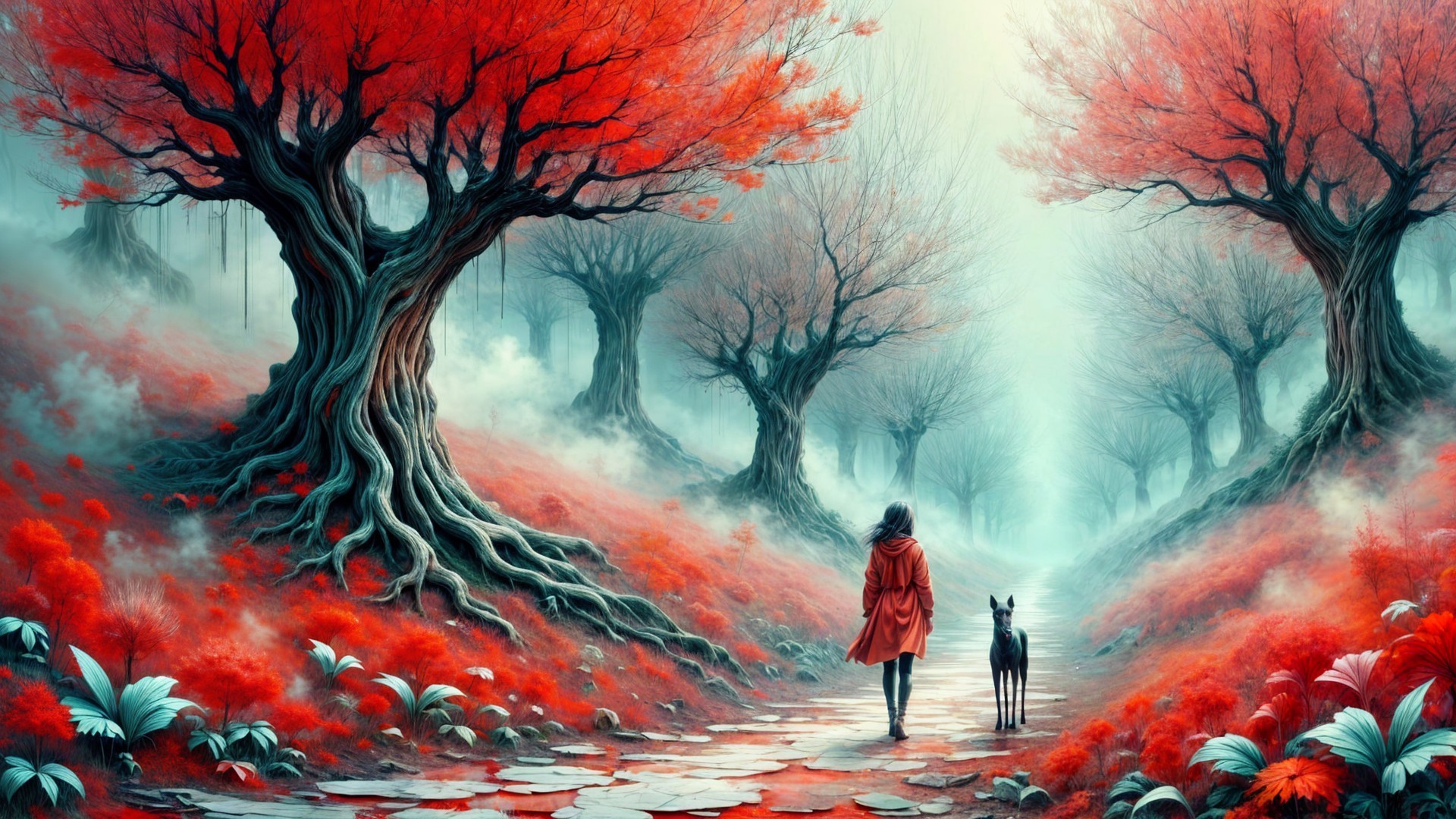 Winding Path in Enchanting Forest with Red Trees