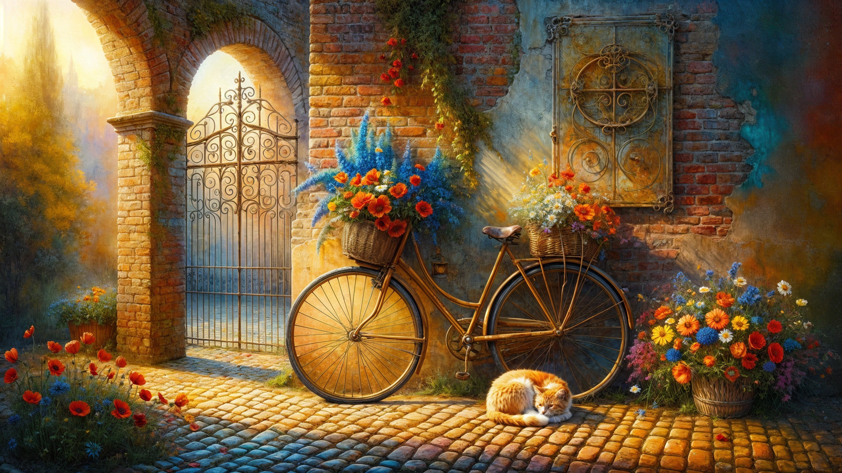 Vintage Bicycle with Flowers by a Brick Wall