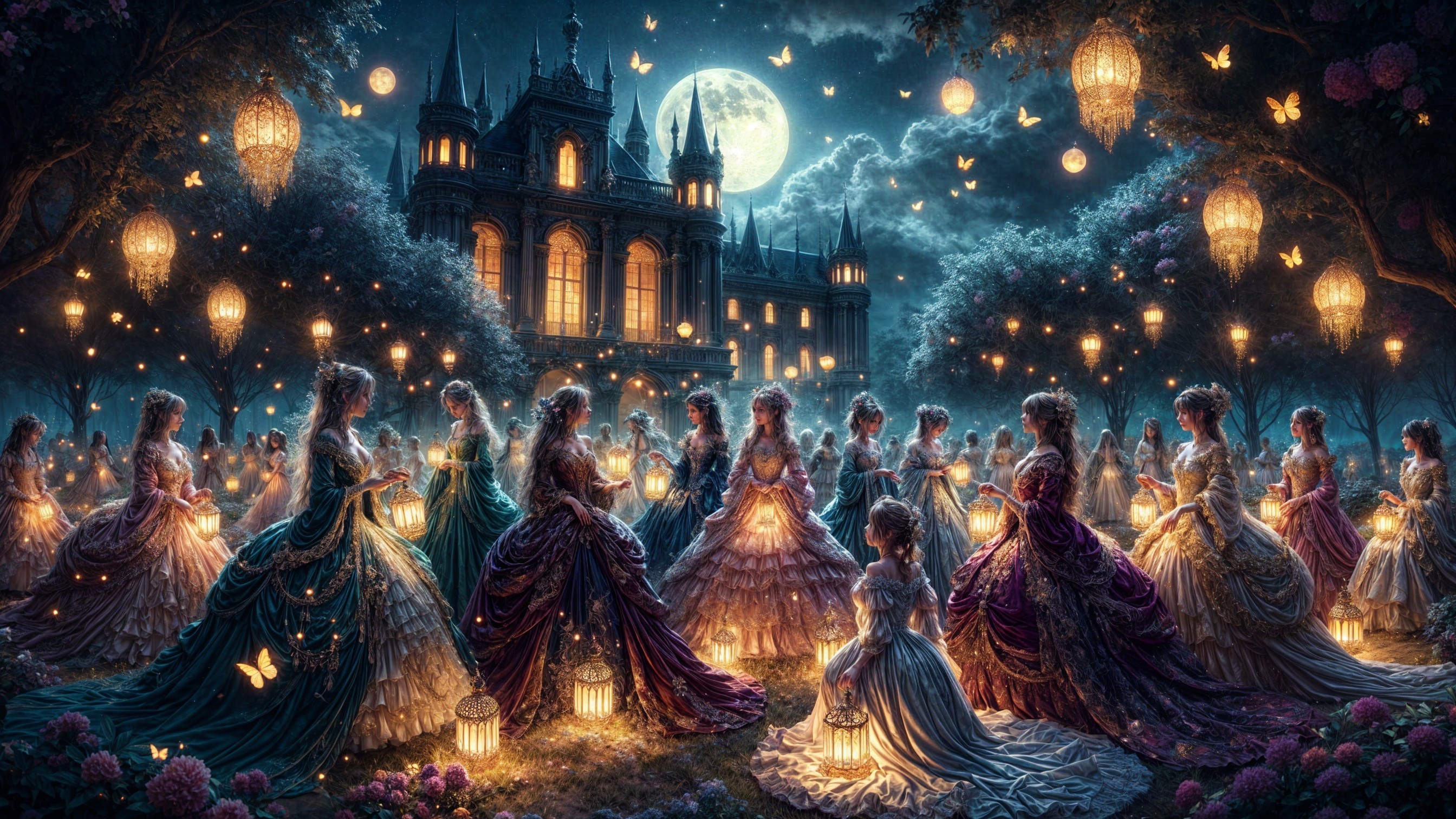 Magical Garden Evening with Lanterns and Castle