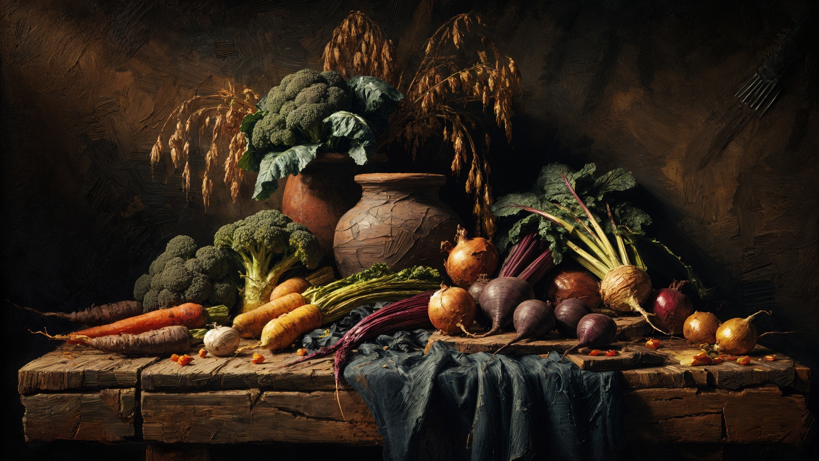 Rustic Wooden Table with Fresh Vegetables Displayed