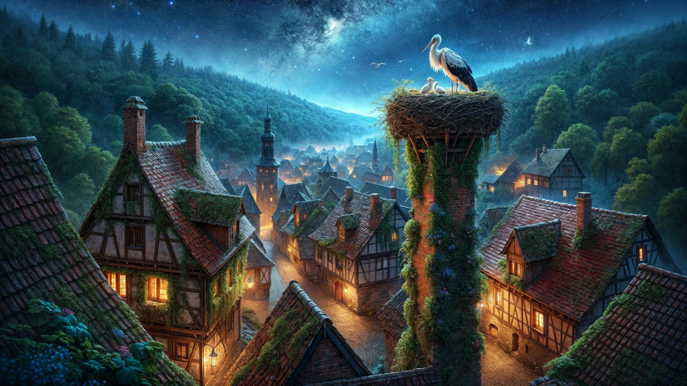 Serene Twilight Village with Timber Houses and Stork