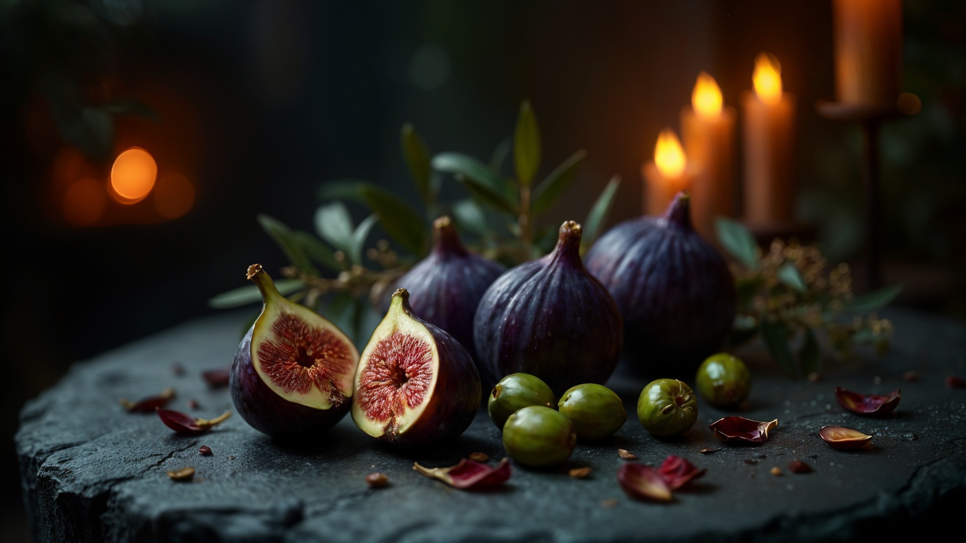 Rustic Scene of Ripe Figs and Green Olives