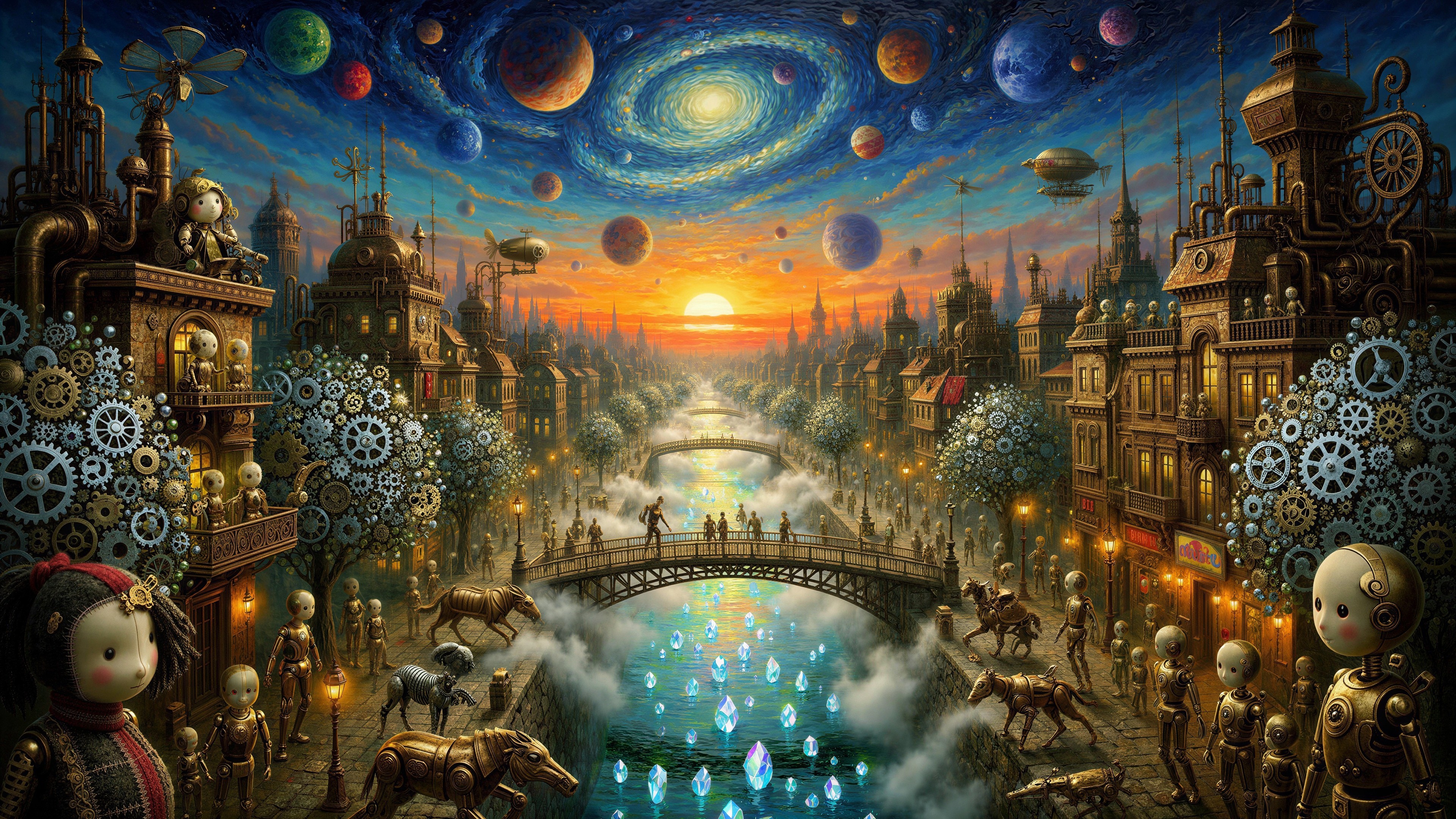 Fantastical Steampunk City with Celestial Sky Elements