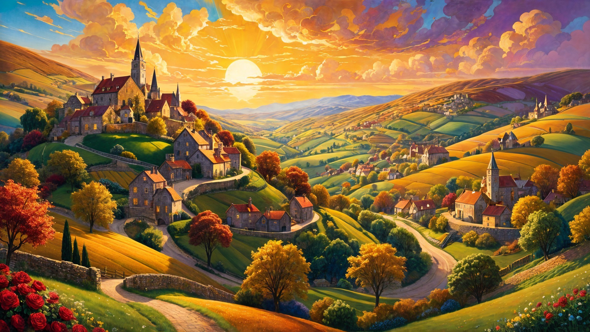 Picturesque Village in Autumn Foliage and Sunset Glow