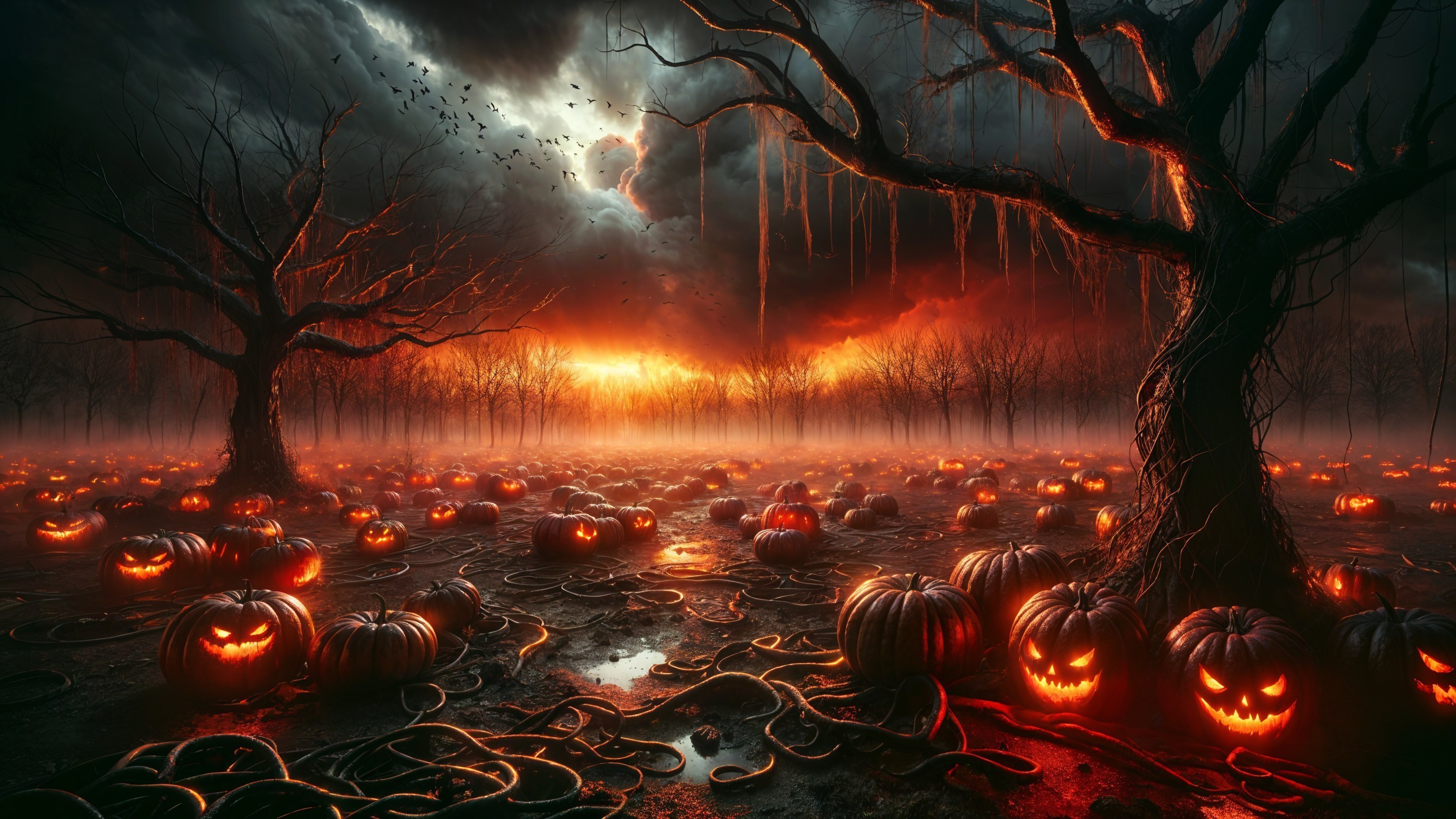 Twilight Landscape with Pumpkins and Eerie Shadows