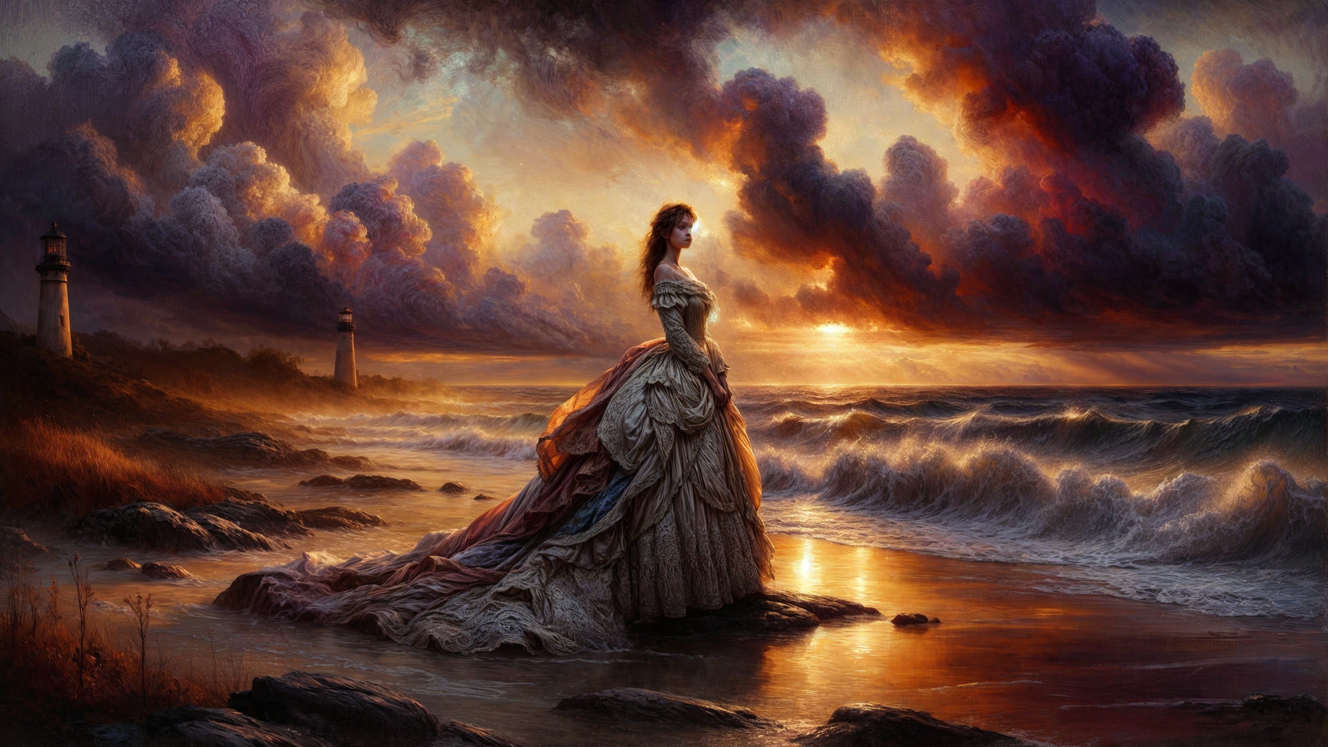 Elegant figure in gown at dramatic sunset shoreline