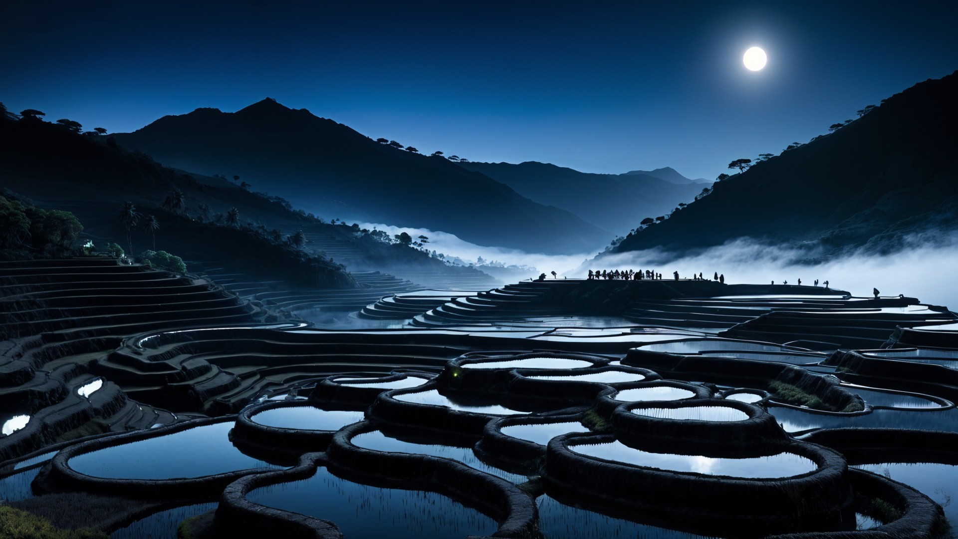 Terraced Rice Fields Under Full Moonlight