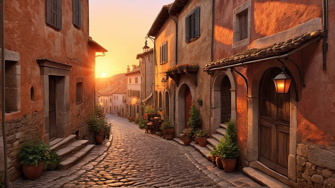 Narrow Cobblestone Street at Sunset with Rustic Buildings