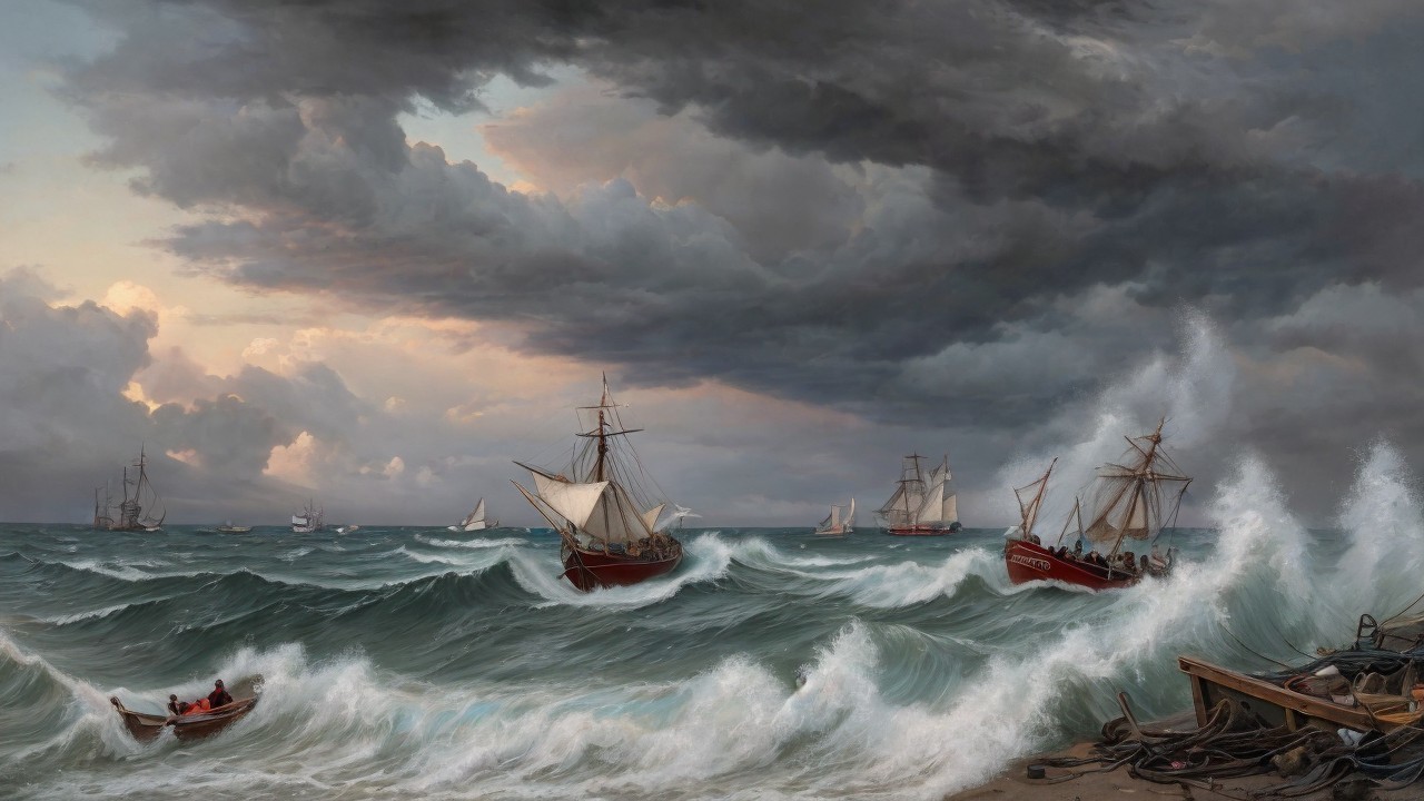 Dramatic Seascape with Tumultuous Waves and Ships