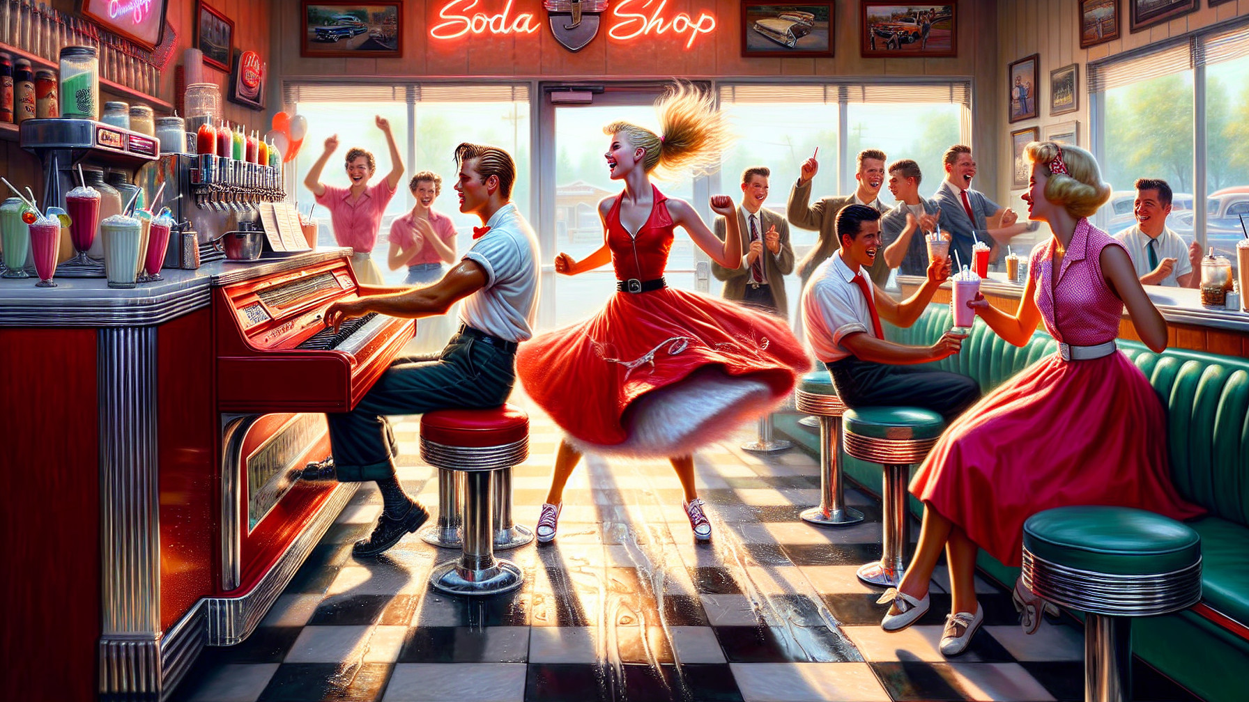 1950s Soda Shop Scene with Neon Lights and Dancing