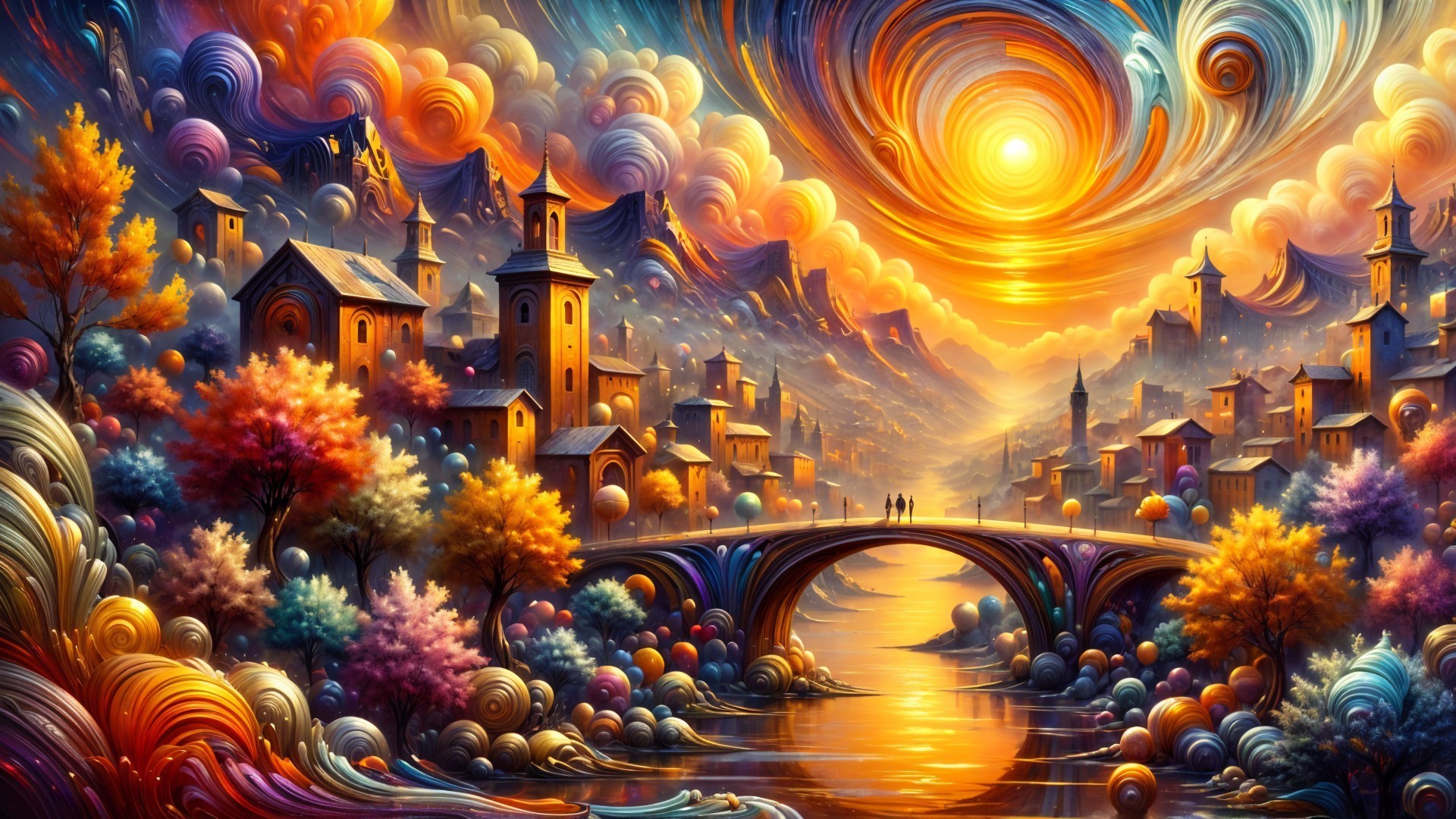 Vibrant Sunset Landscape with Whimsical Houses