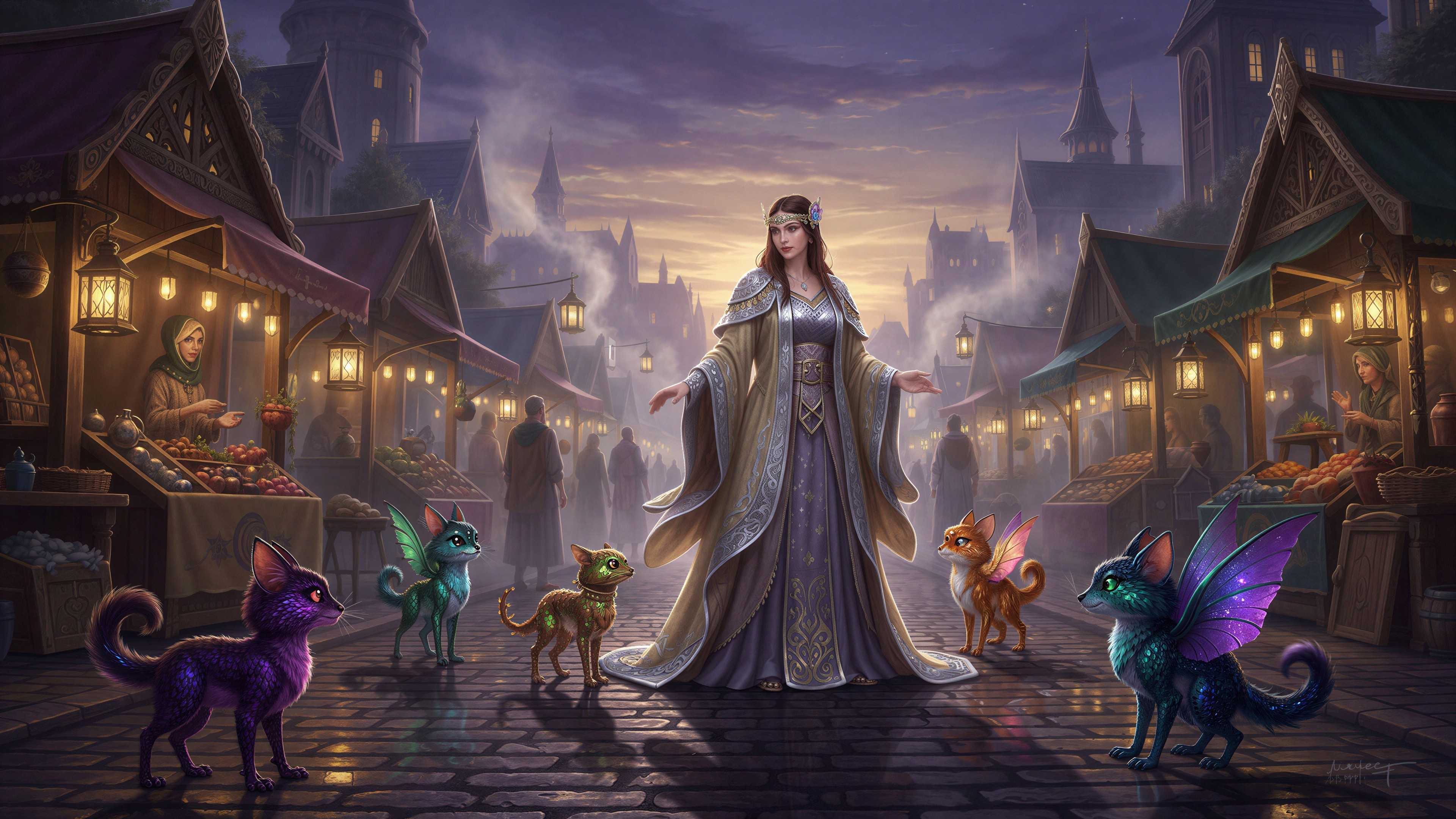 Brunette Woman in Medieval-Fantasy Gown with Creatures