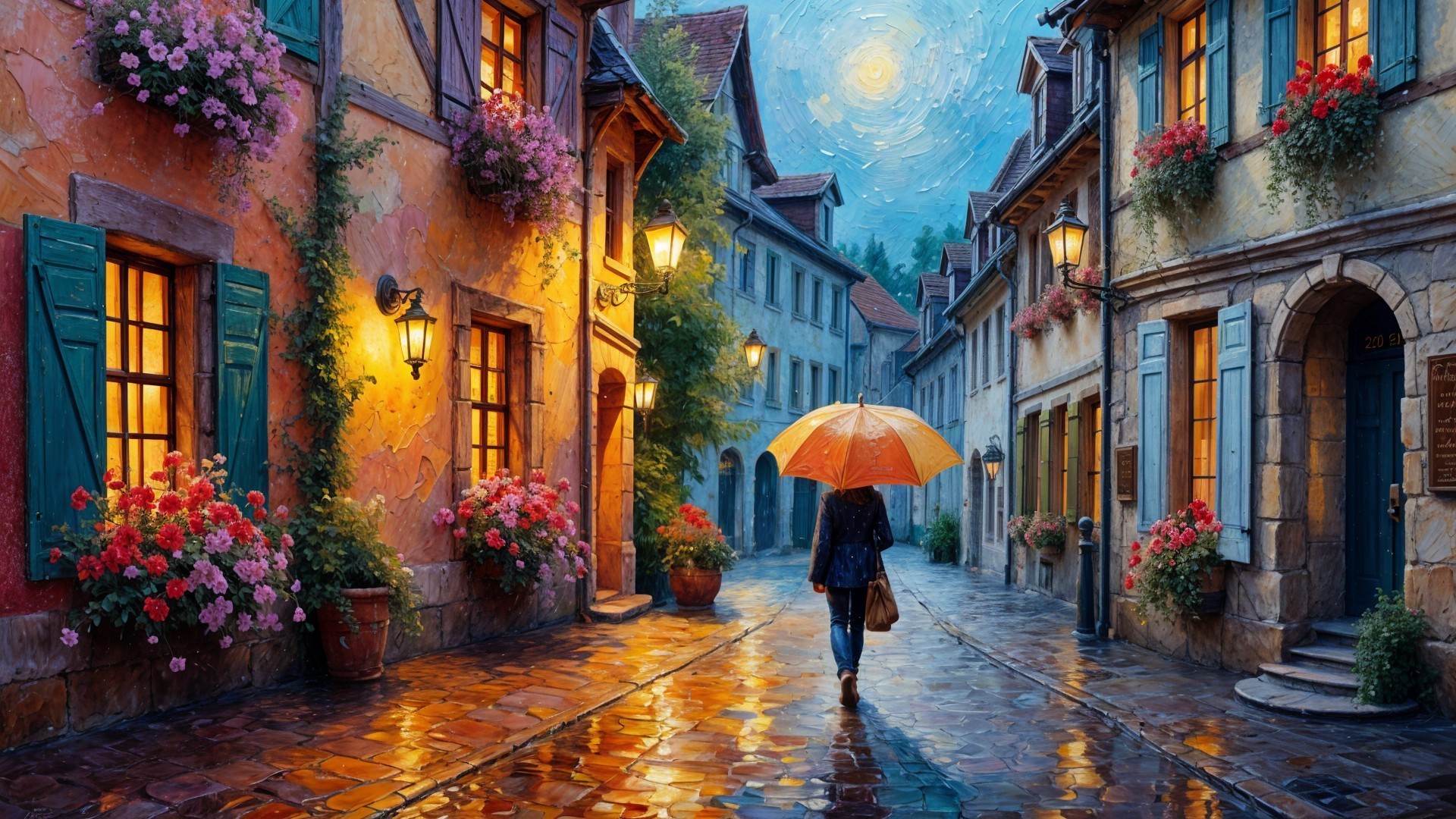 Serene Cobblestone Street at Twilight with Lanterns