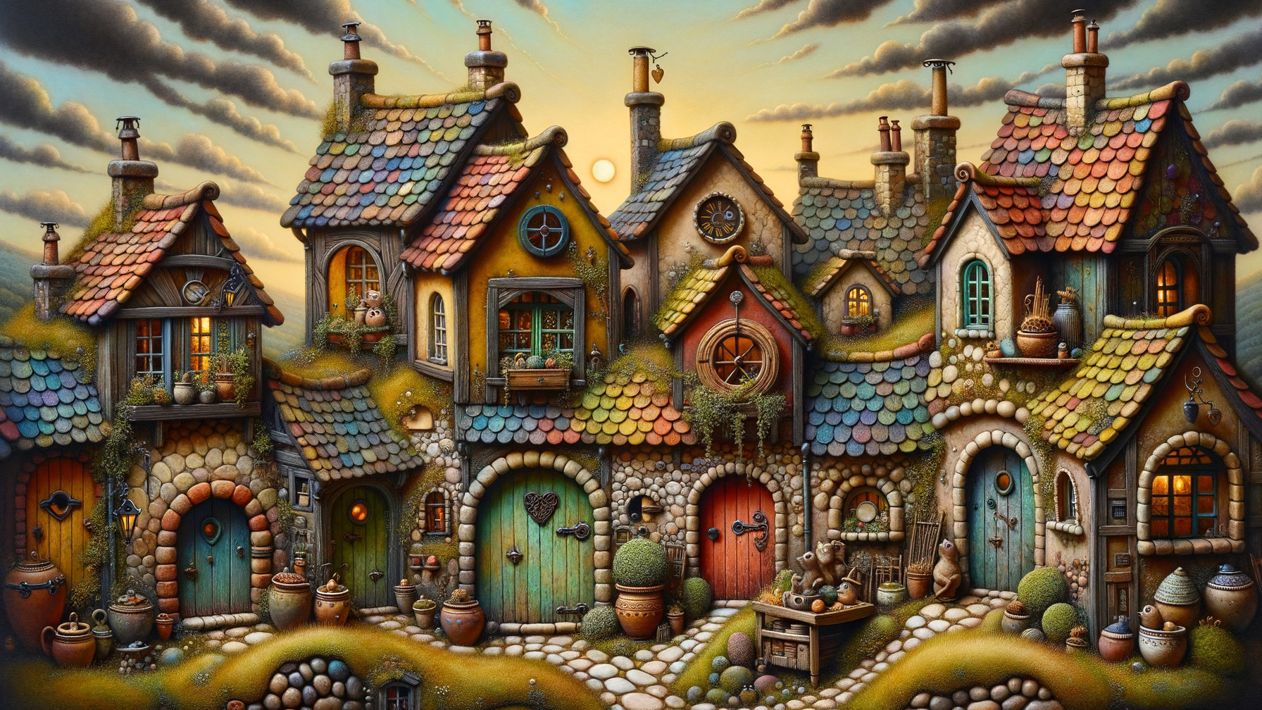 Charming Village with Irregular Cottages at Sunset