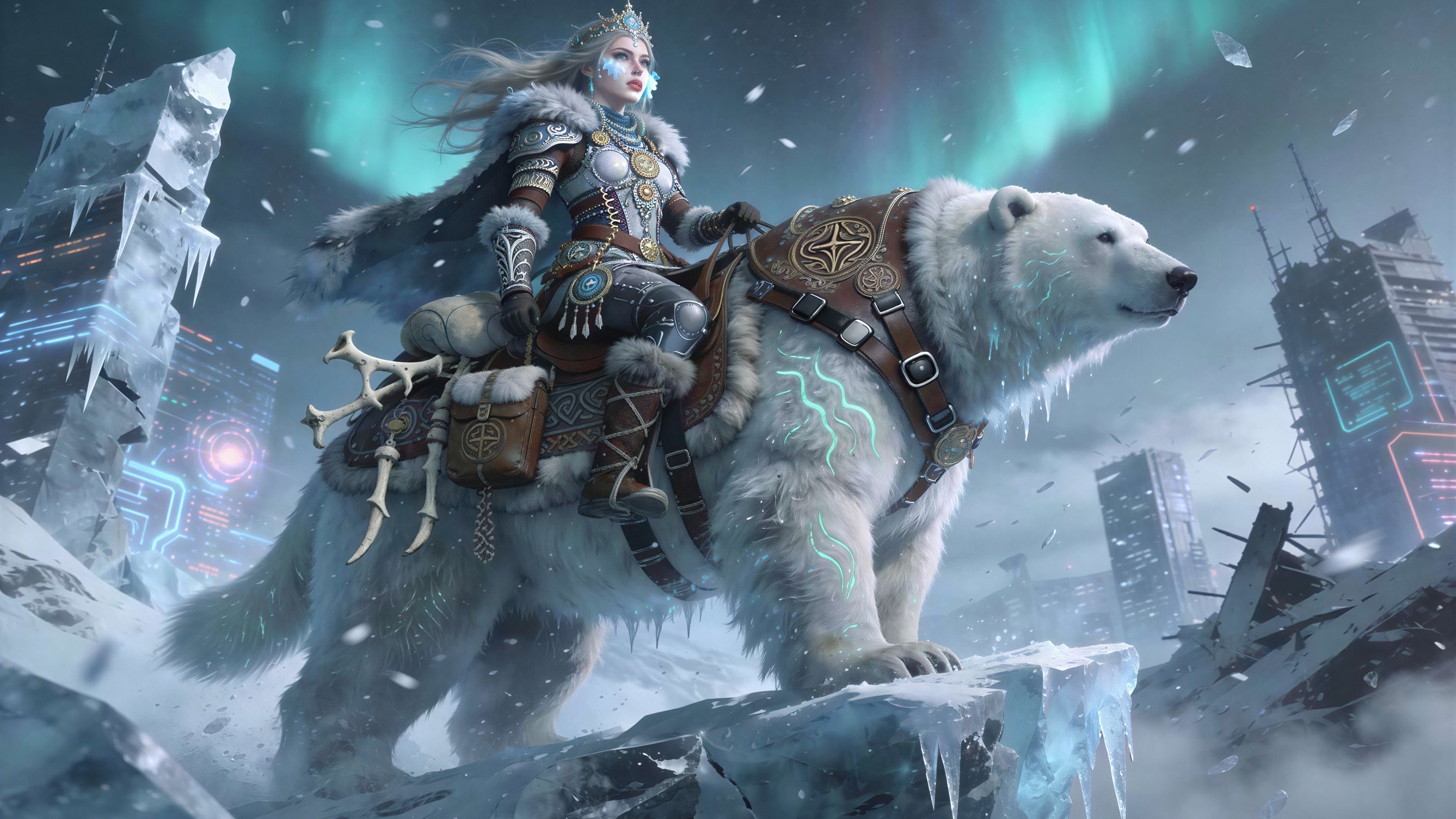 Ice Queen on Polar Bear in Futuristic Frozen Landscape