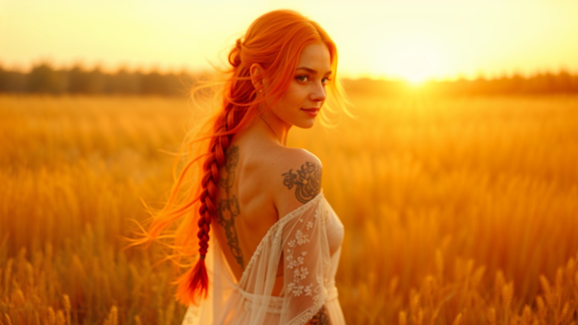 Woman in golden wheat field with orange braided hair