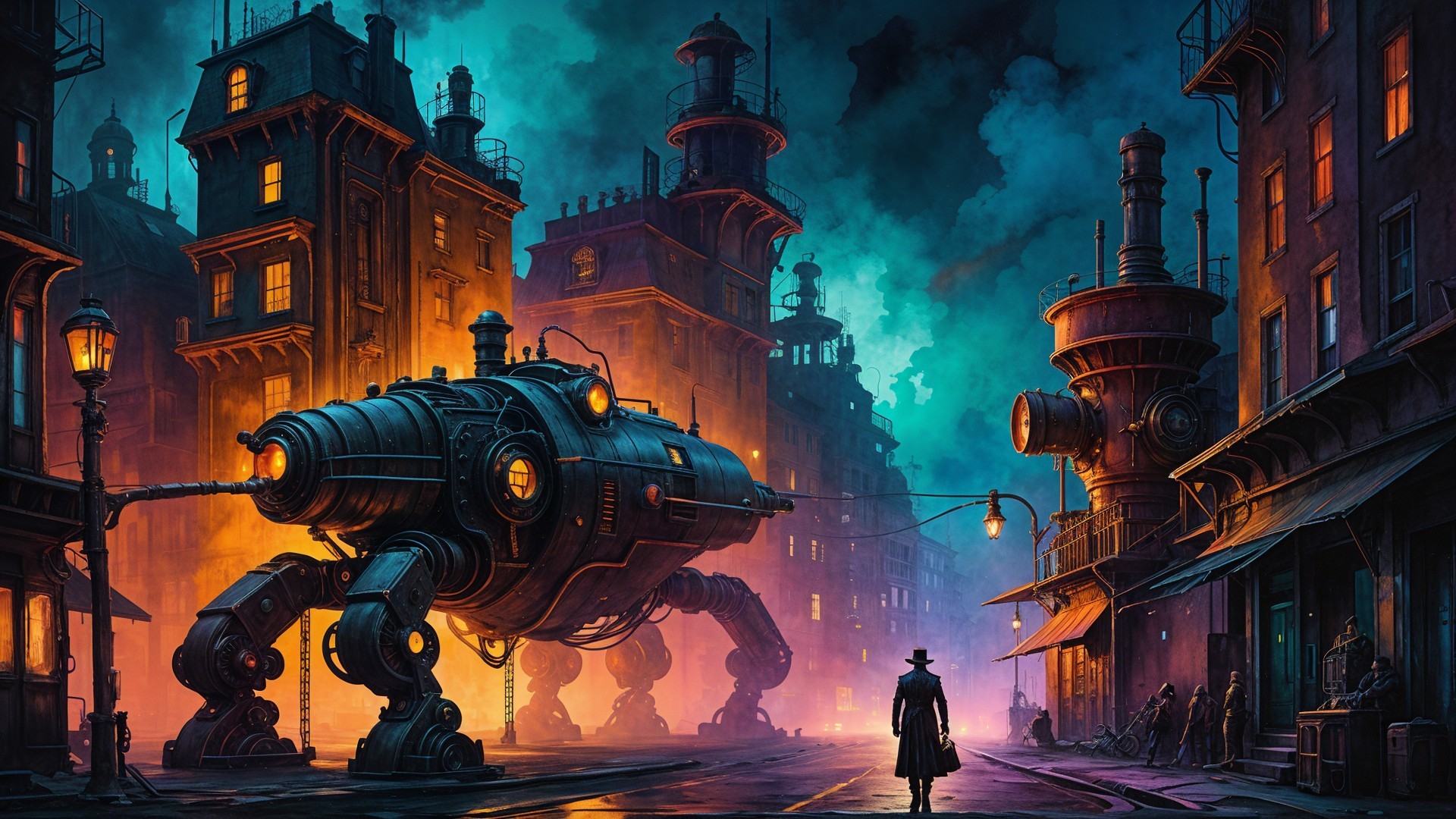 Steampunk Cityscape with Towering Robotic Machine