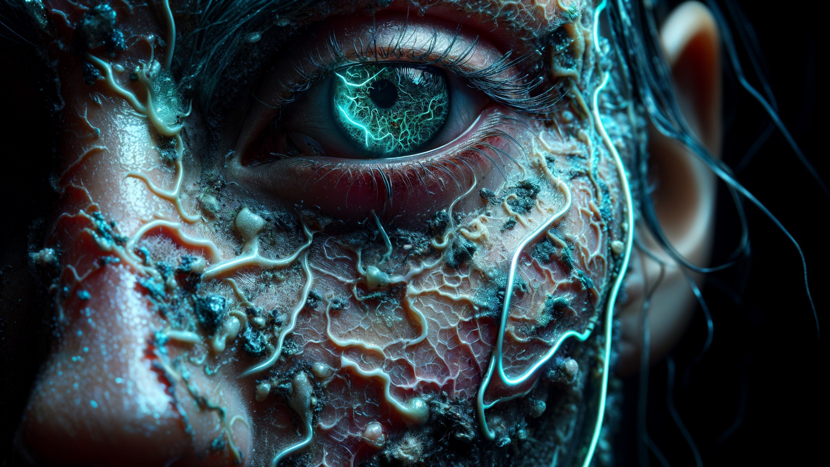 Close-up of a vibrant blue eye on textured surface