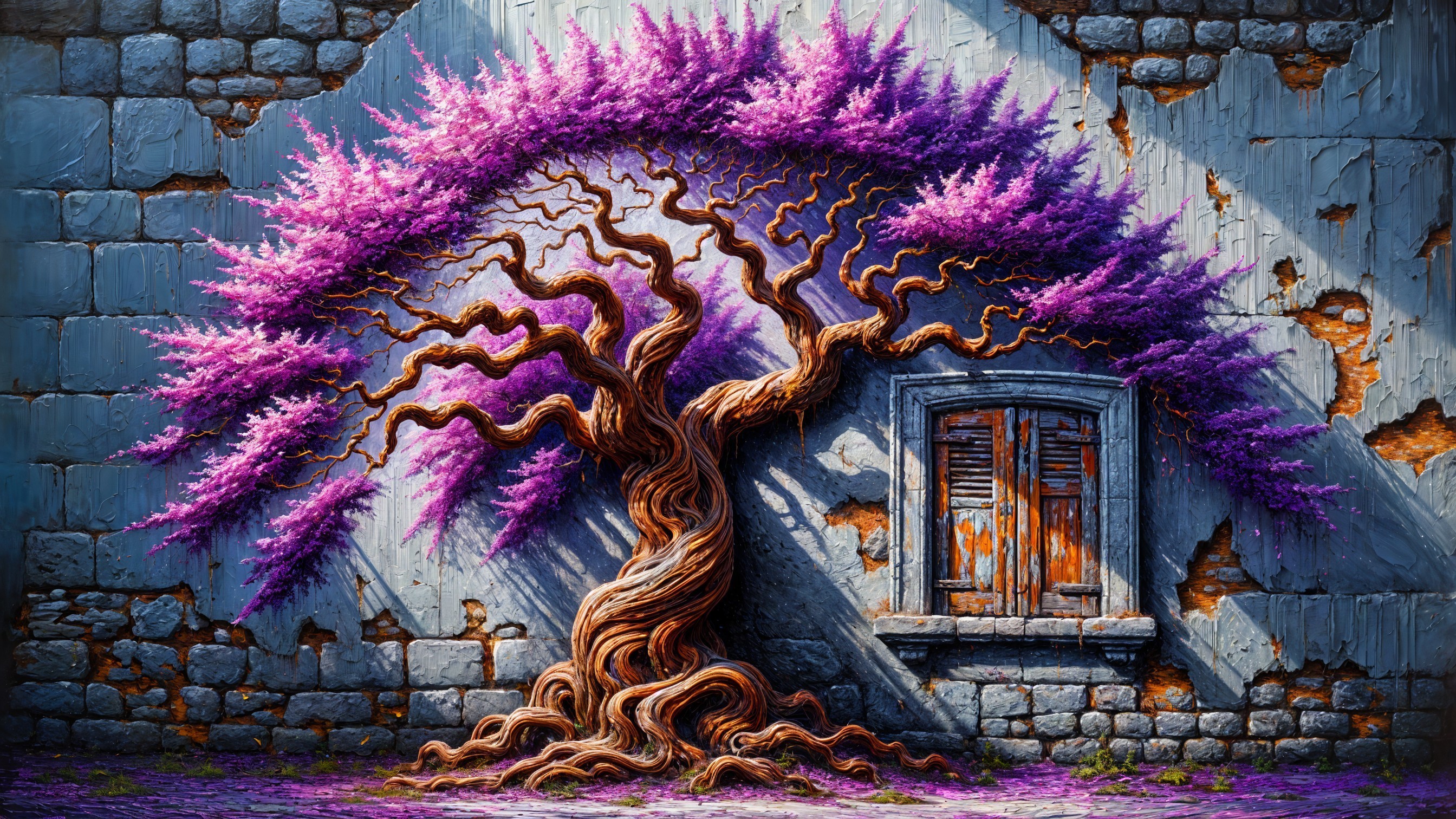Majestic Twisted Tree with Purple Foliage and Stone Wall