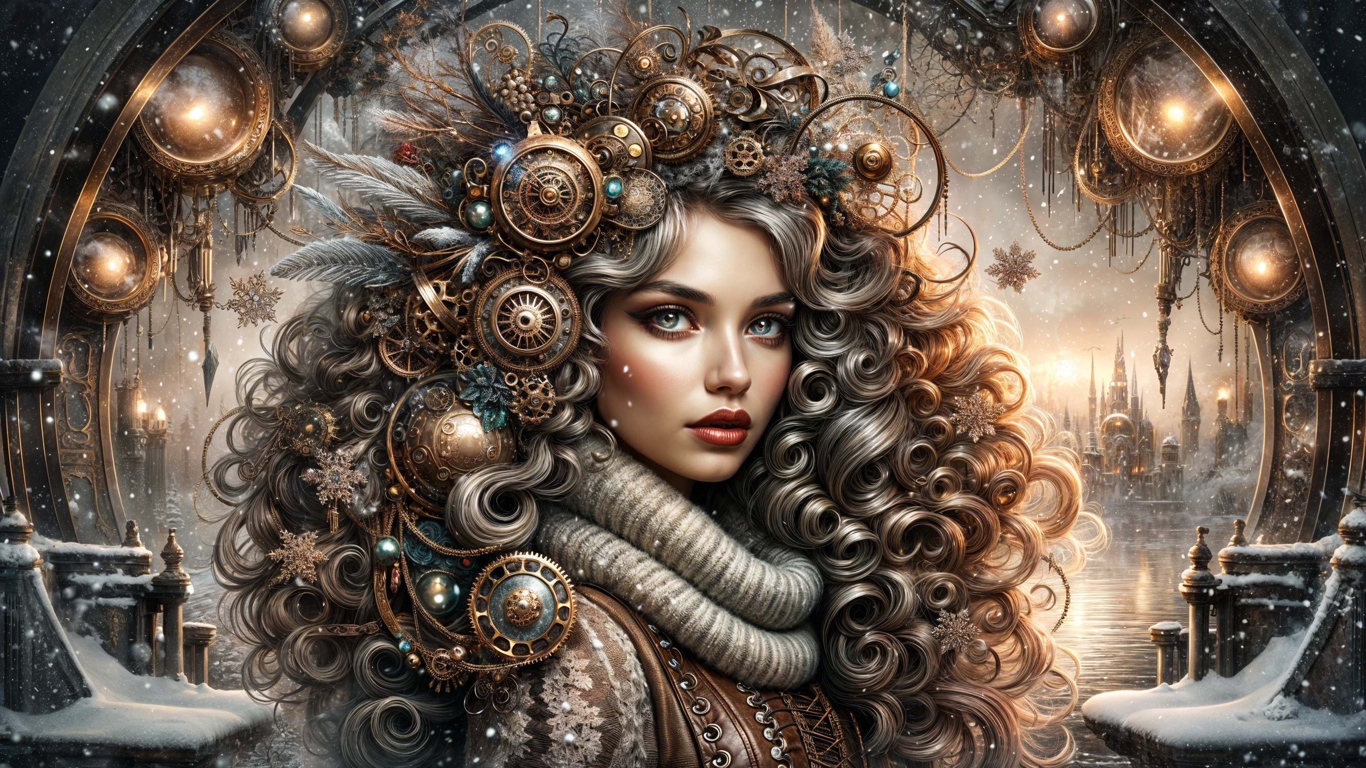 Woman with Curly Hair in Steampunk Winter Scene