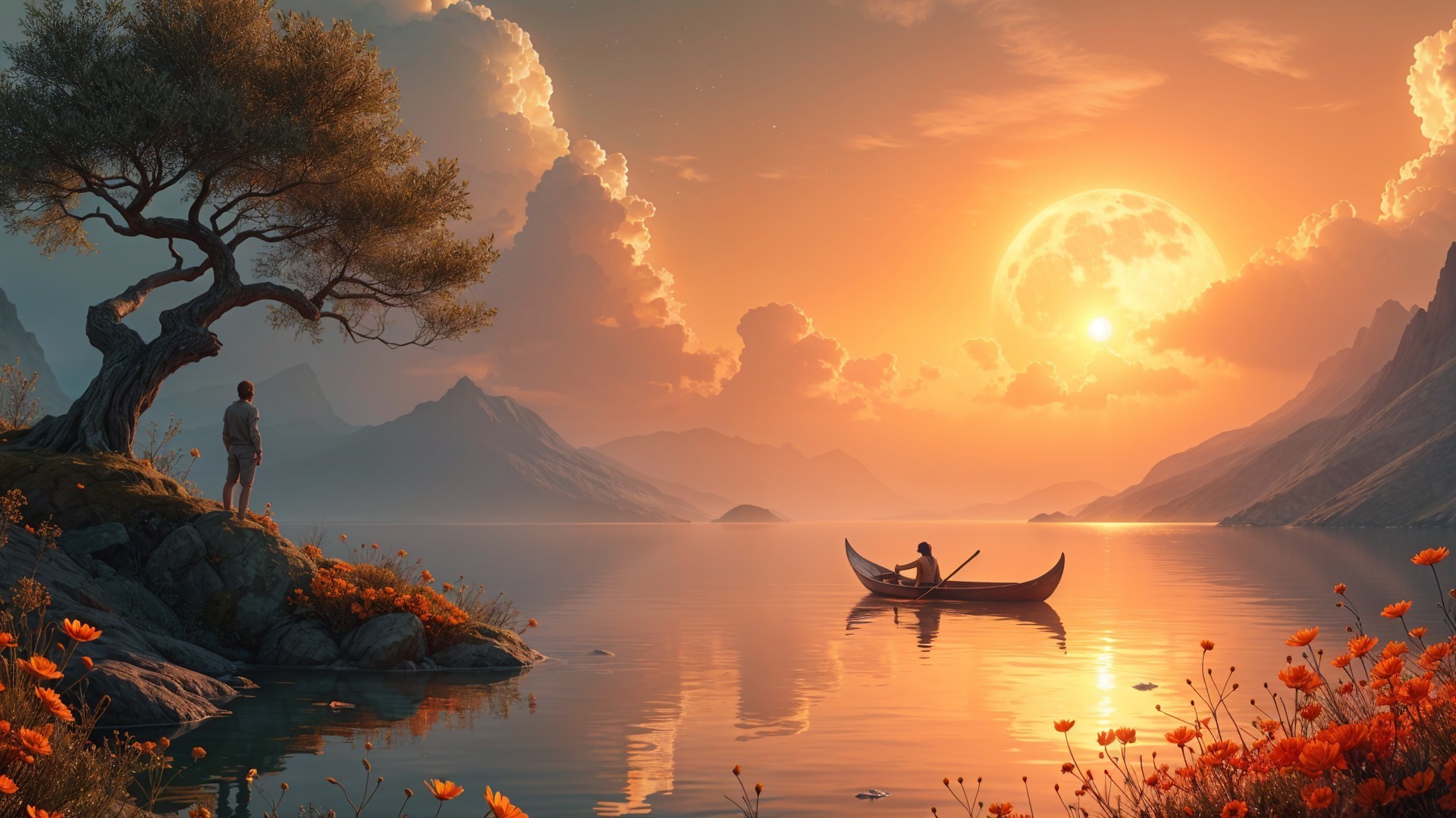 Tranquil Lake at Sunset with Moon and Mountains