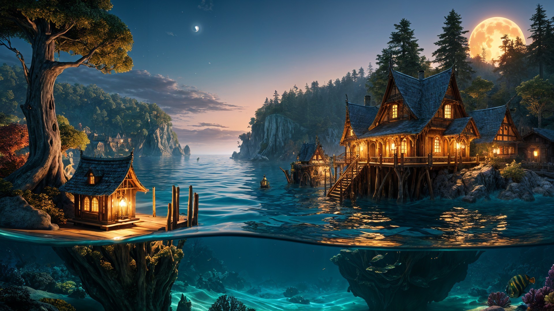 Twilight Landscape with Stilted Houses and Moonlight