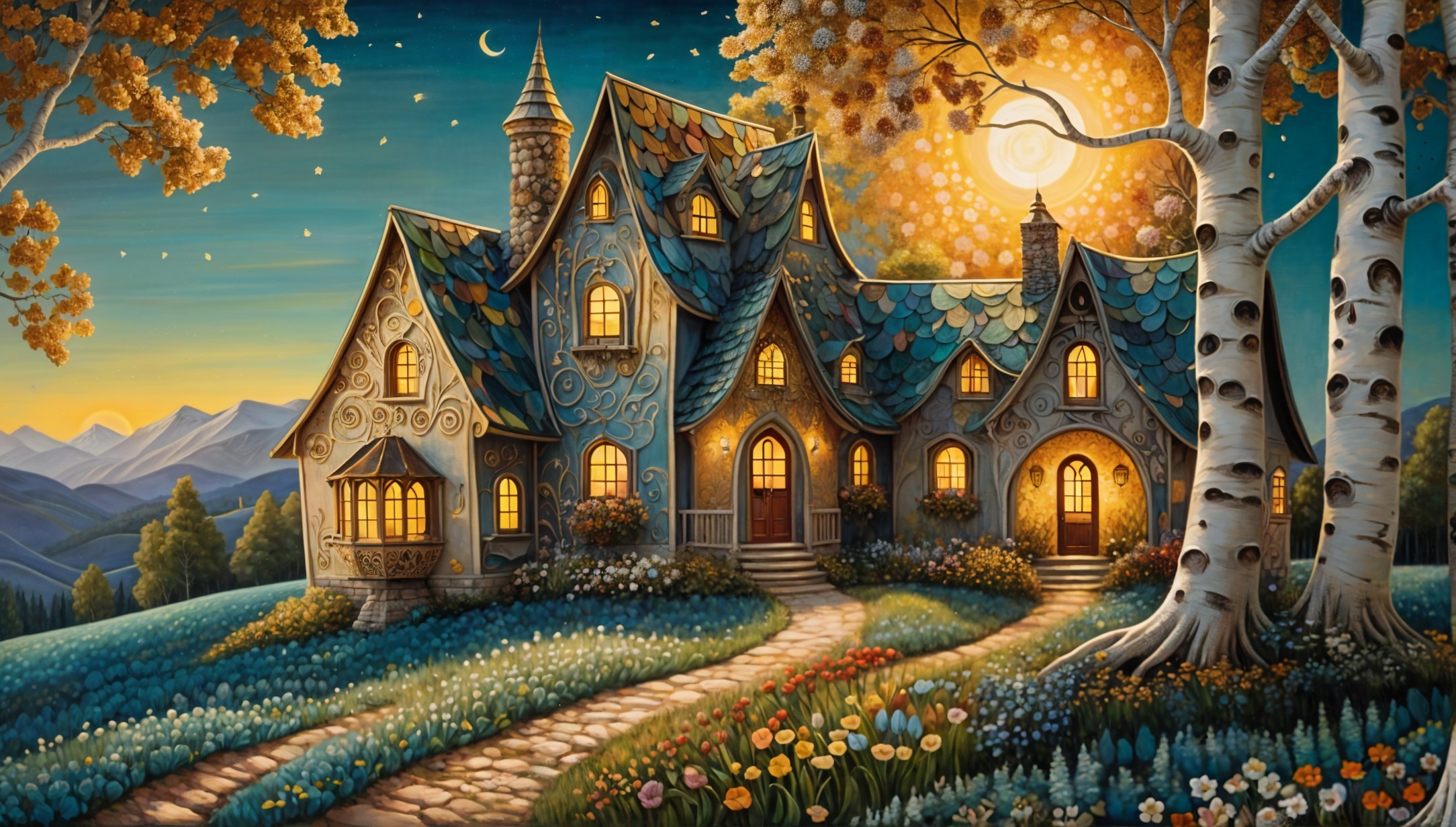 Whimsical Cottage Surrounded by Colorful Flowers