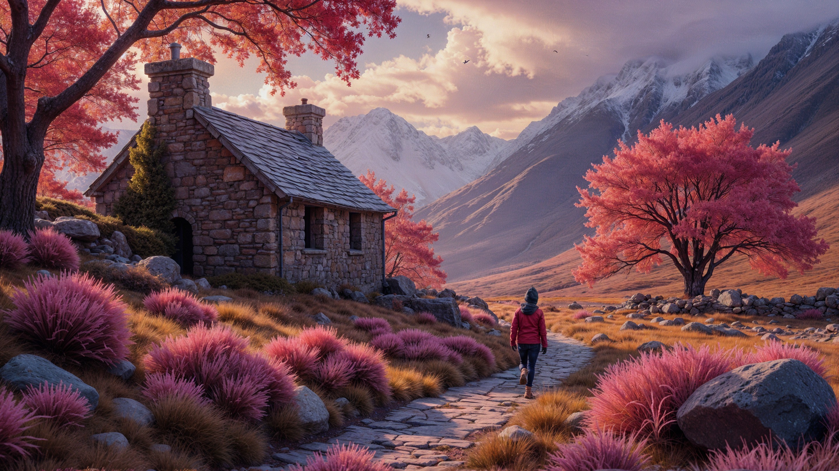 Stone Cottage in Vibrant Landscape at Twilight