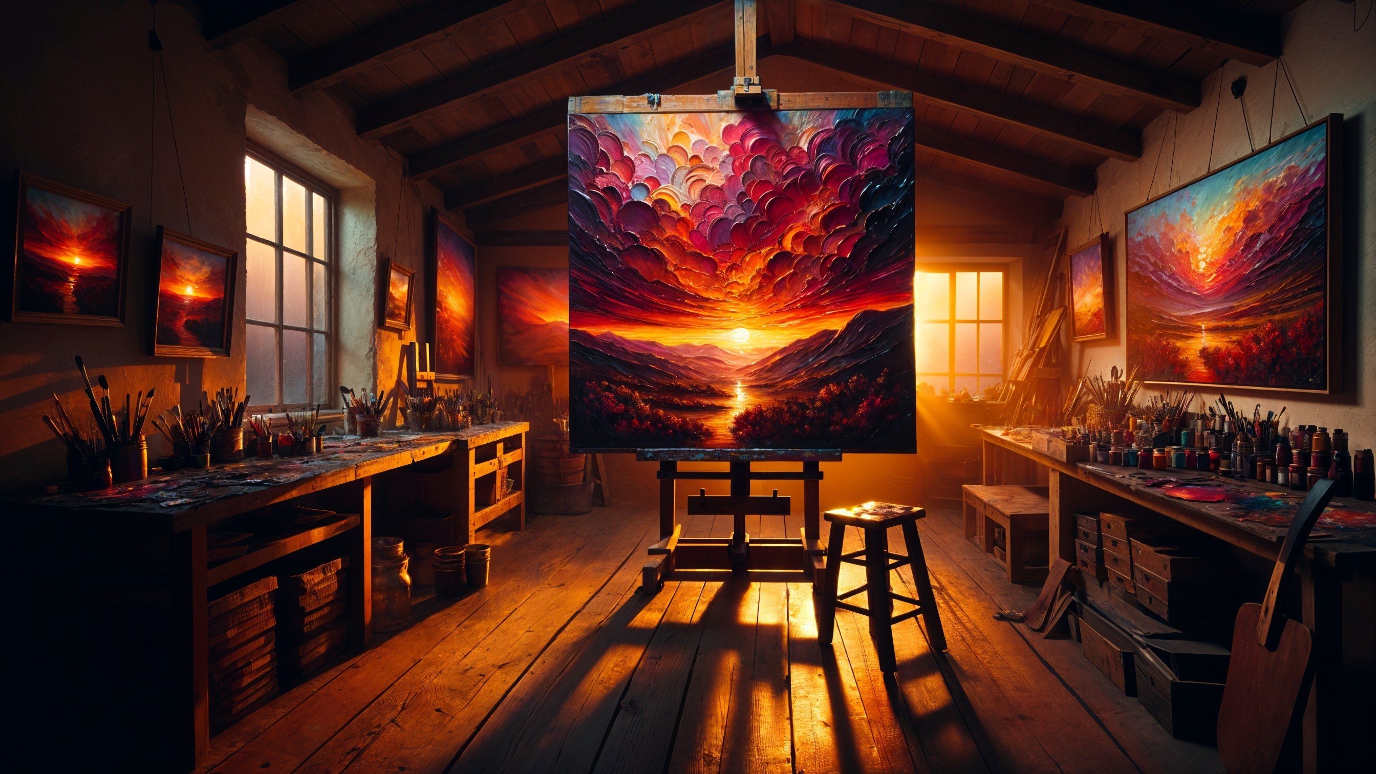 Artist's Studio with Sunset Canvas and Natural Light