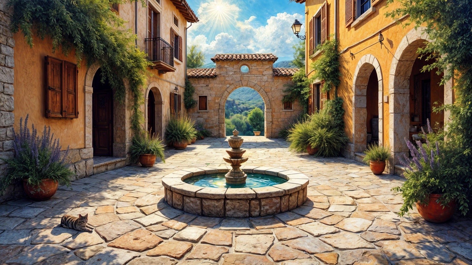 Charming Italian Courtyard with Fountain and Greenery