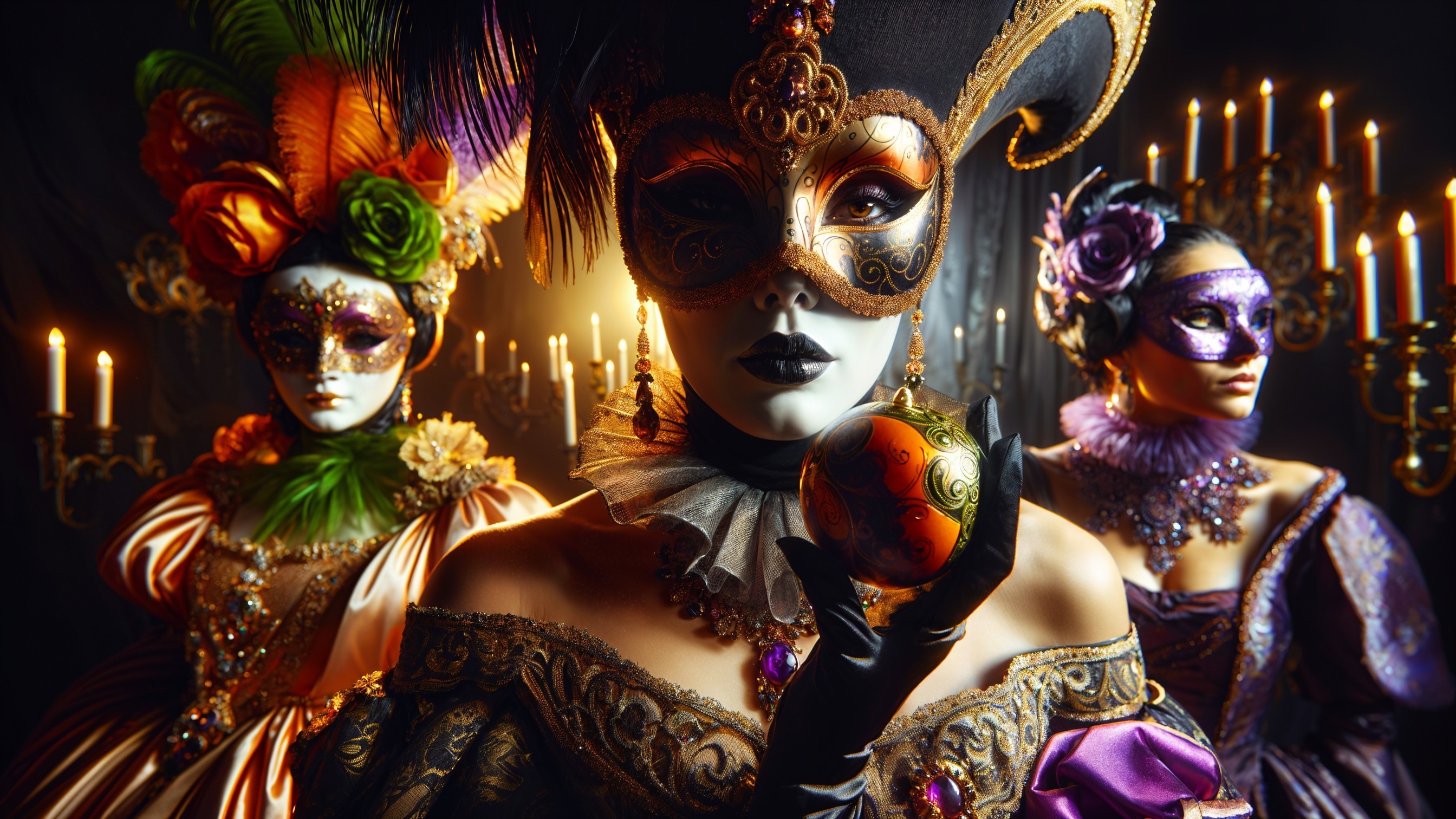 Elegant Women in Ornate Masks and Costumes