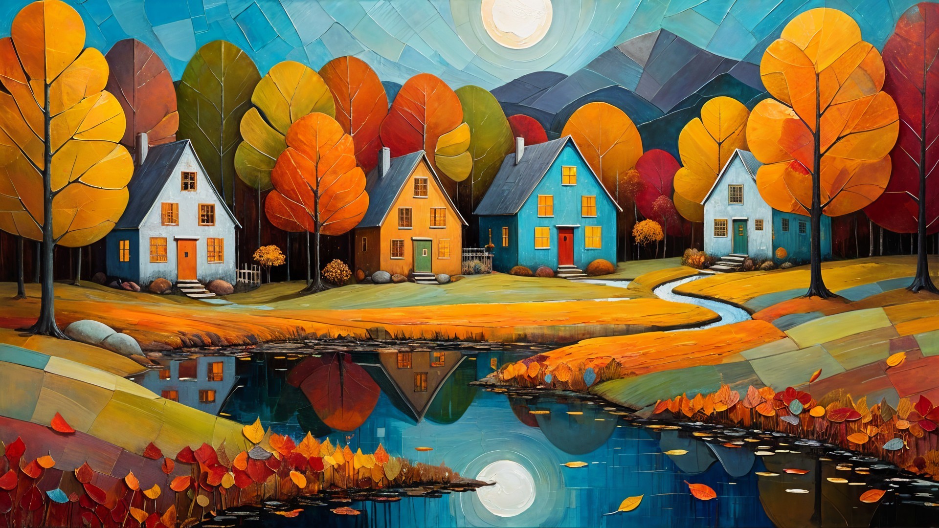Vibrant Autumn Landscape with Colorful Foliage and Houses
