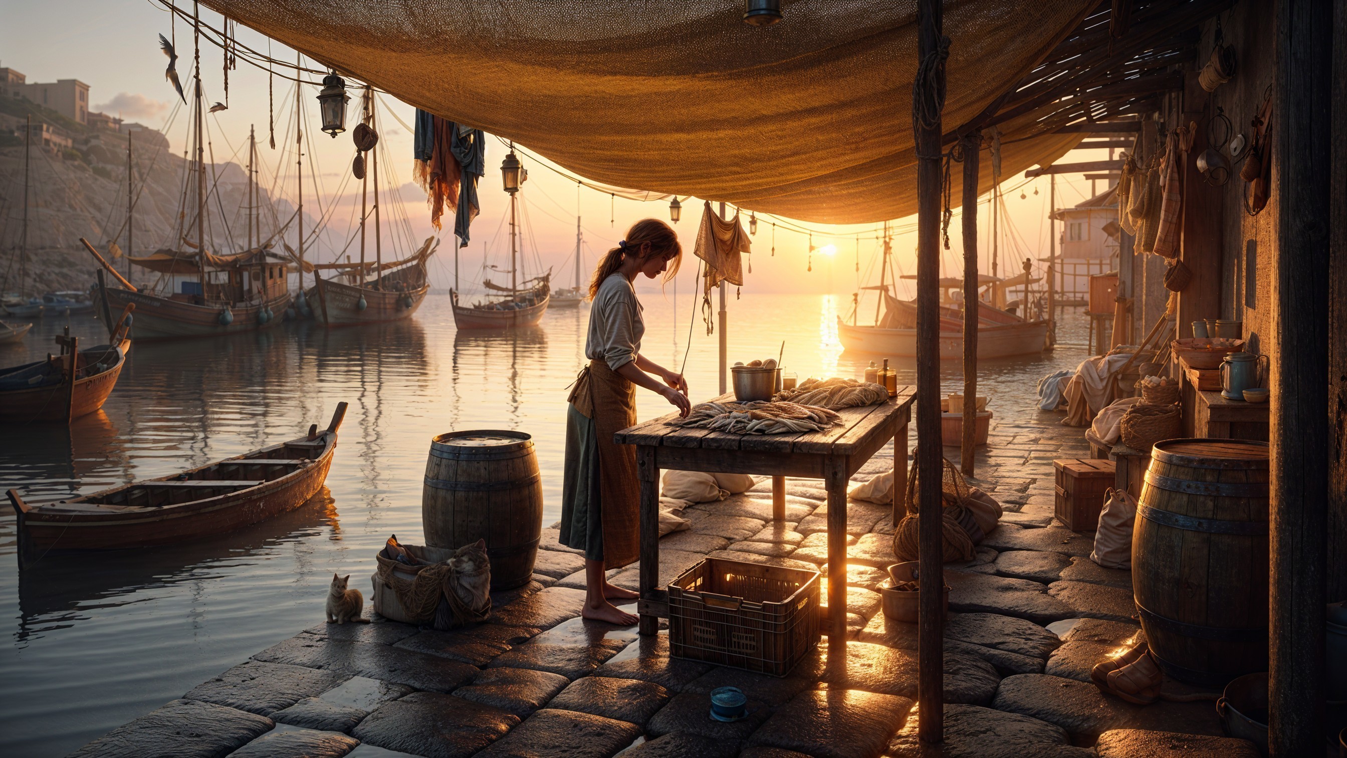 Waterfront Scene at Sunrise with Rustic Charm