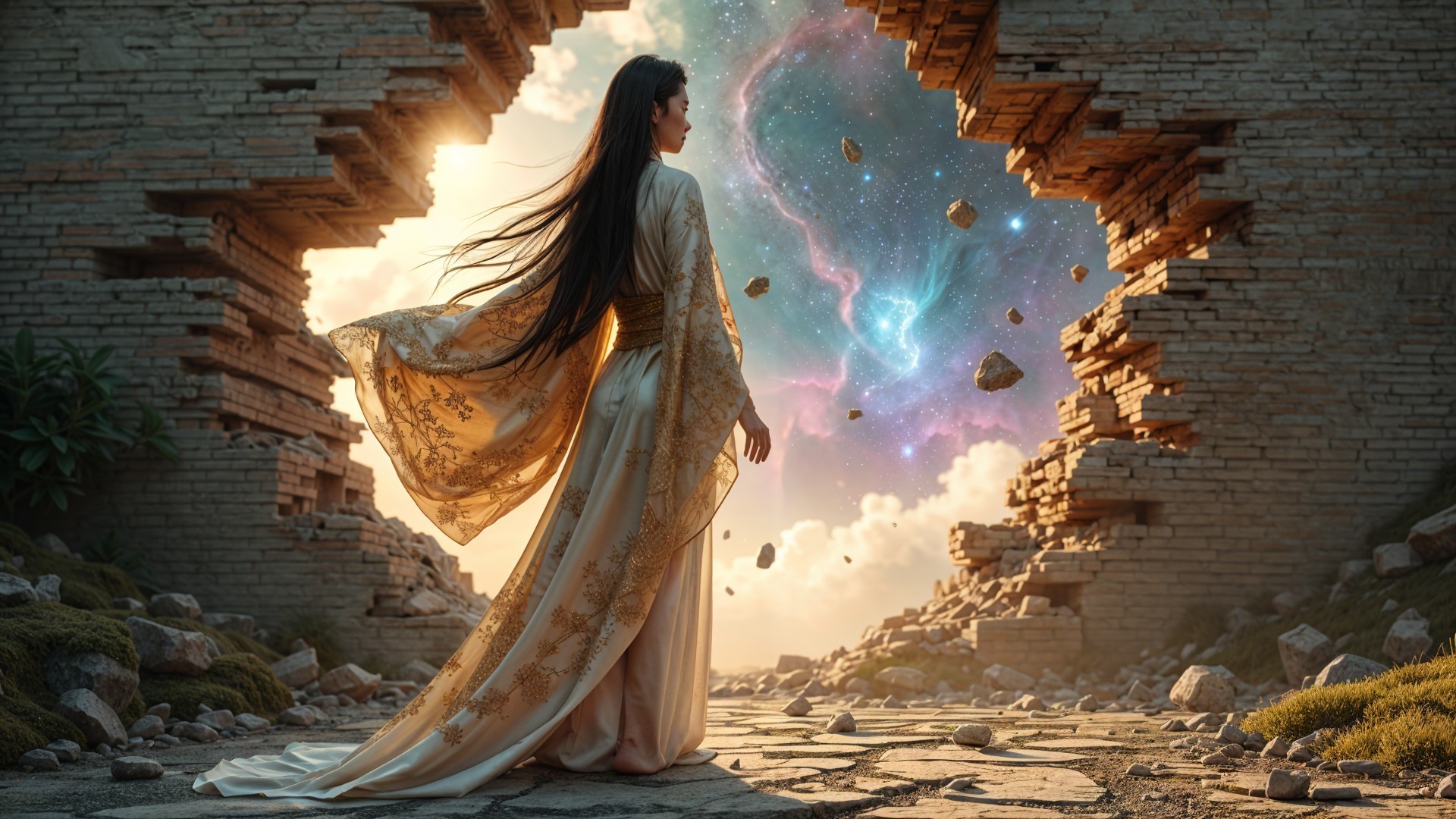 Woman in ornate gown amidst cosmic ruins