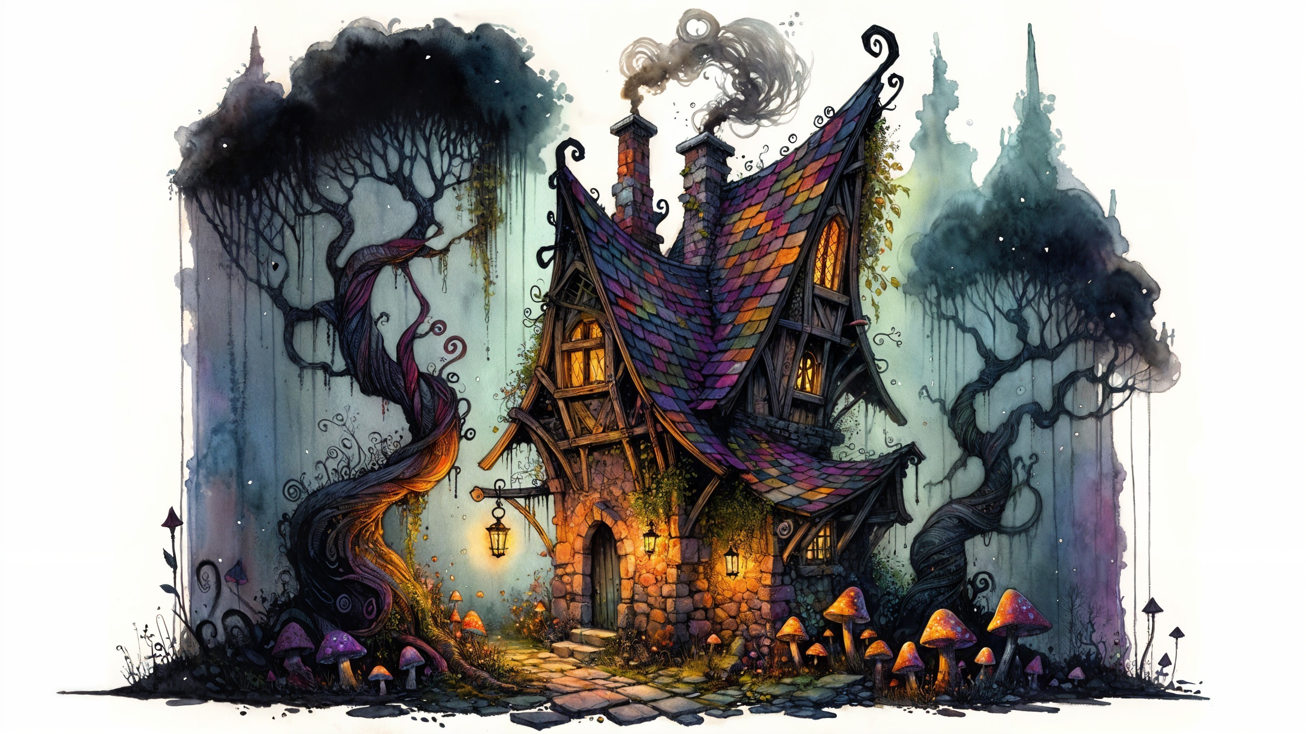 Whimsical Cottage Surrounded by Enchanted Landscape