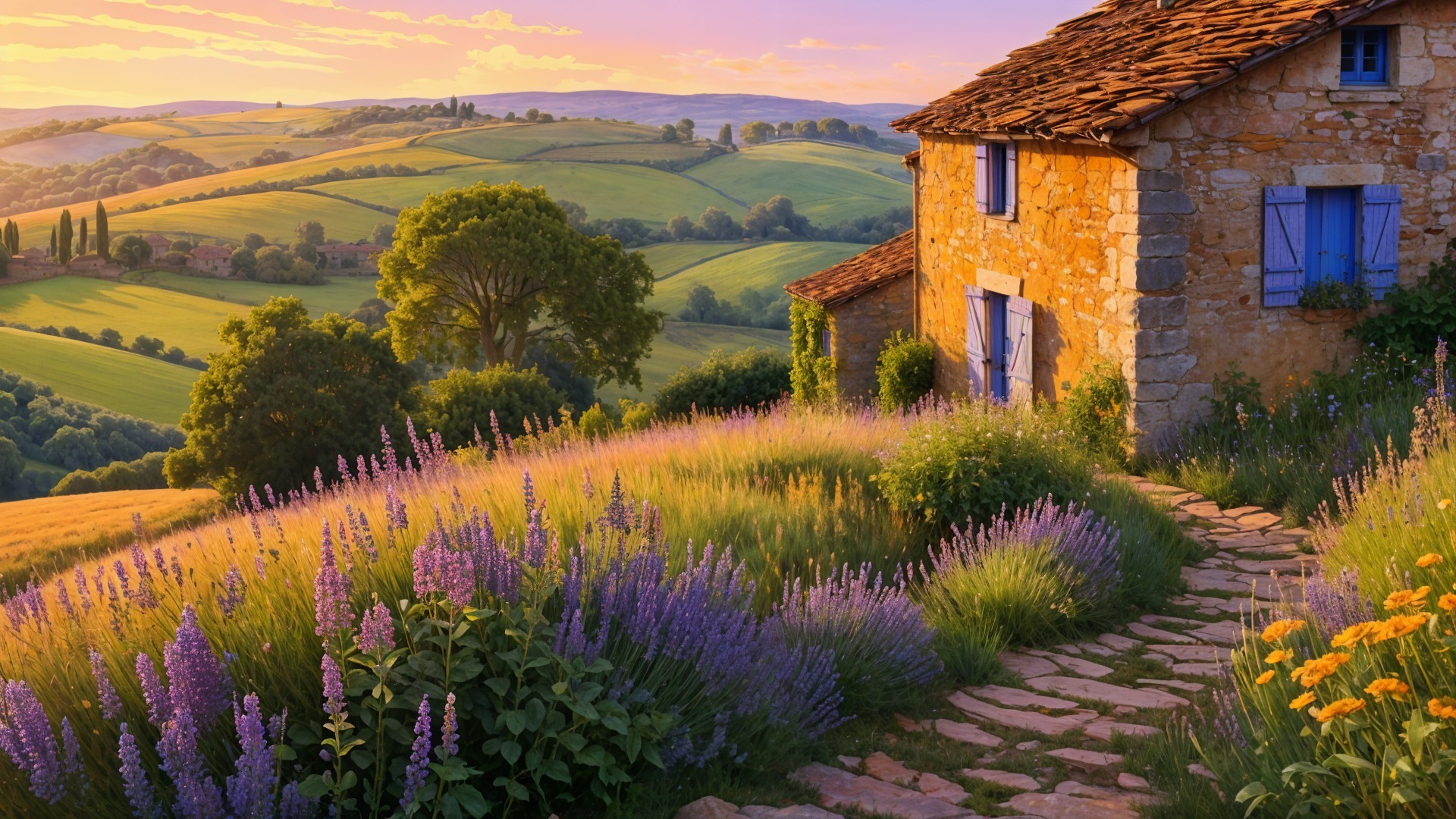 Stone Cottage Amidst Lavender Fields at Sunset