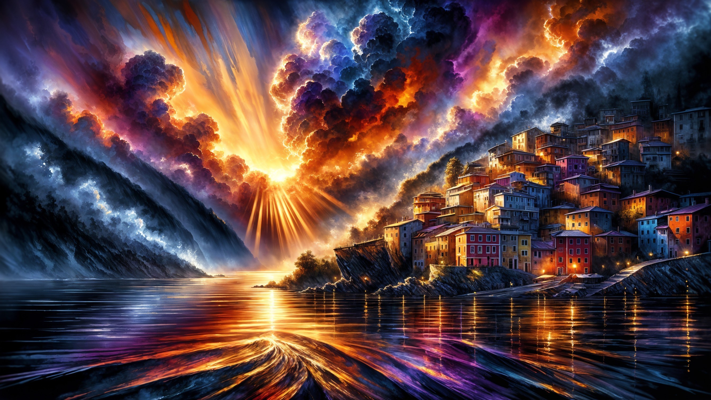Vibrant sunset over a serene lake and village