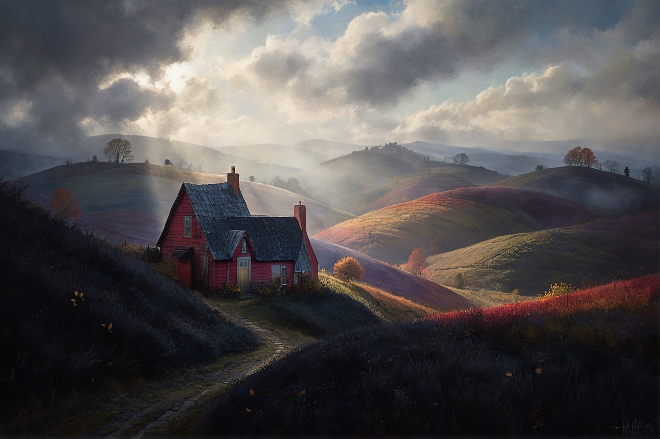 Red House Surrounded by Autumn Foliage and Hills
