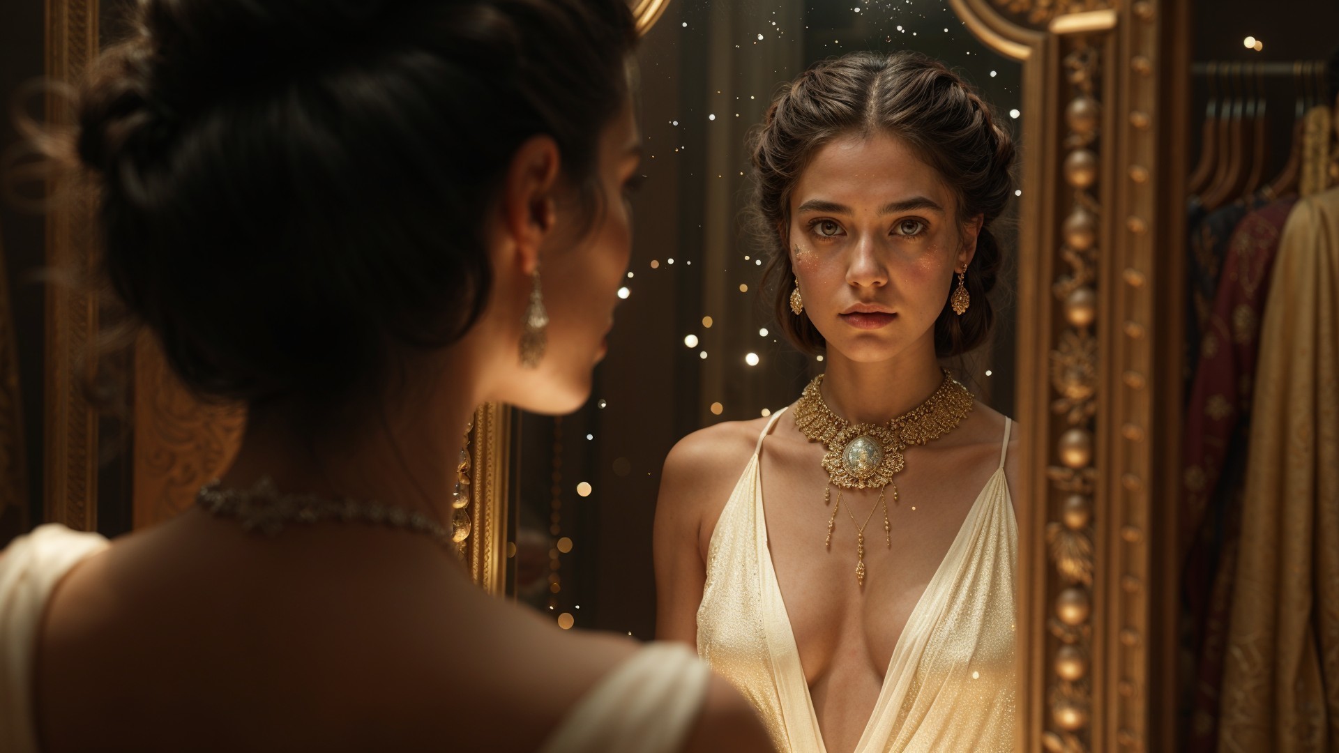 Woman in Elegant Gown Before Ornate Mirror