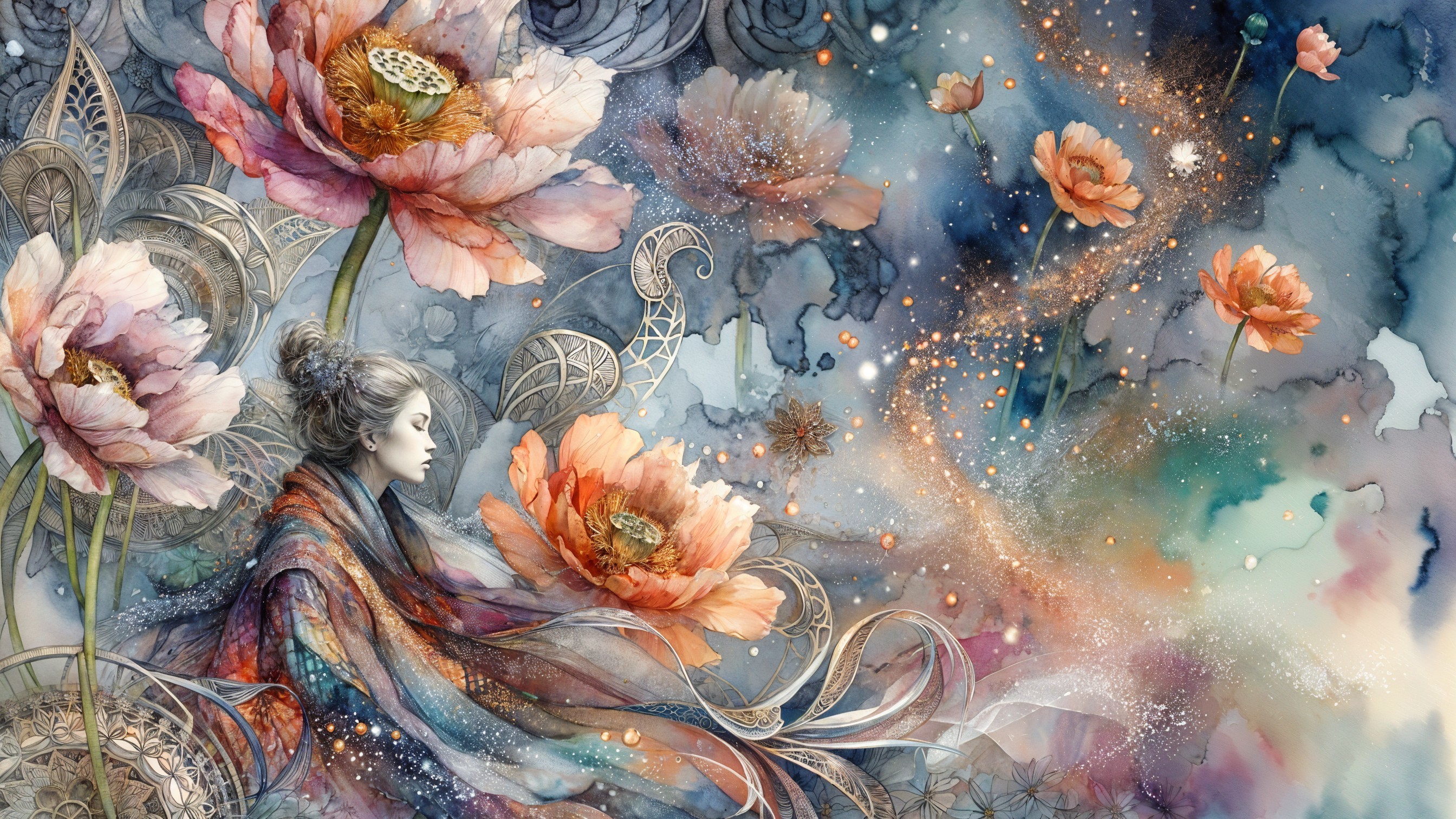 Young woman in flowing fabrics with lotus flowers