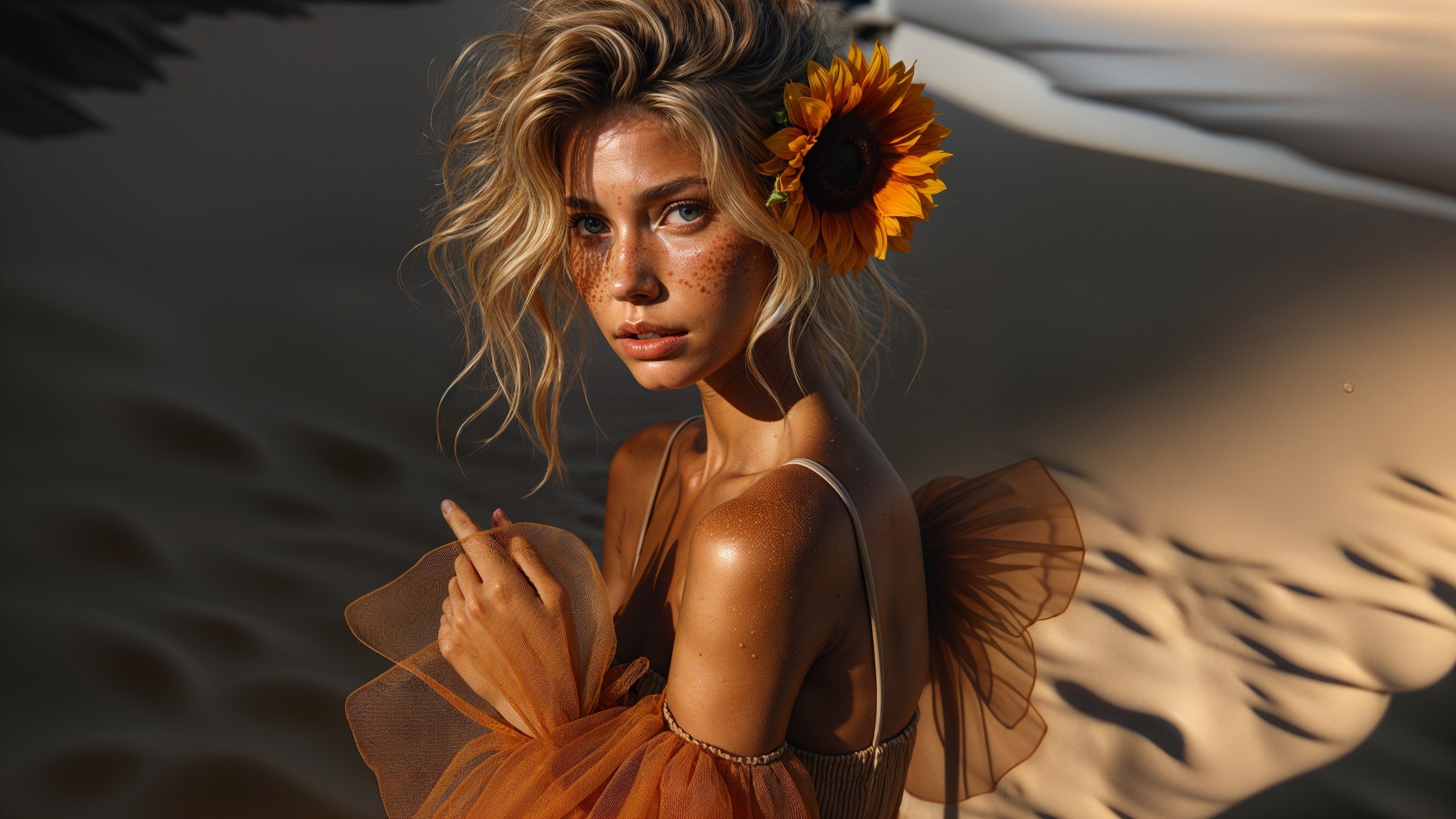 Young woman in orange dress with sunflower in dunes