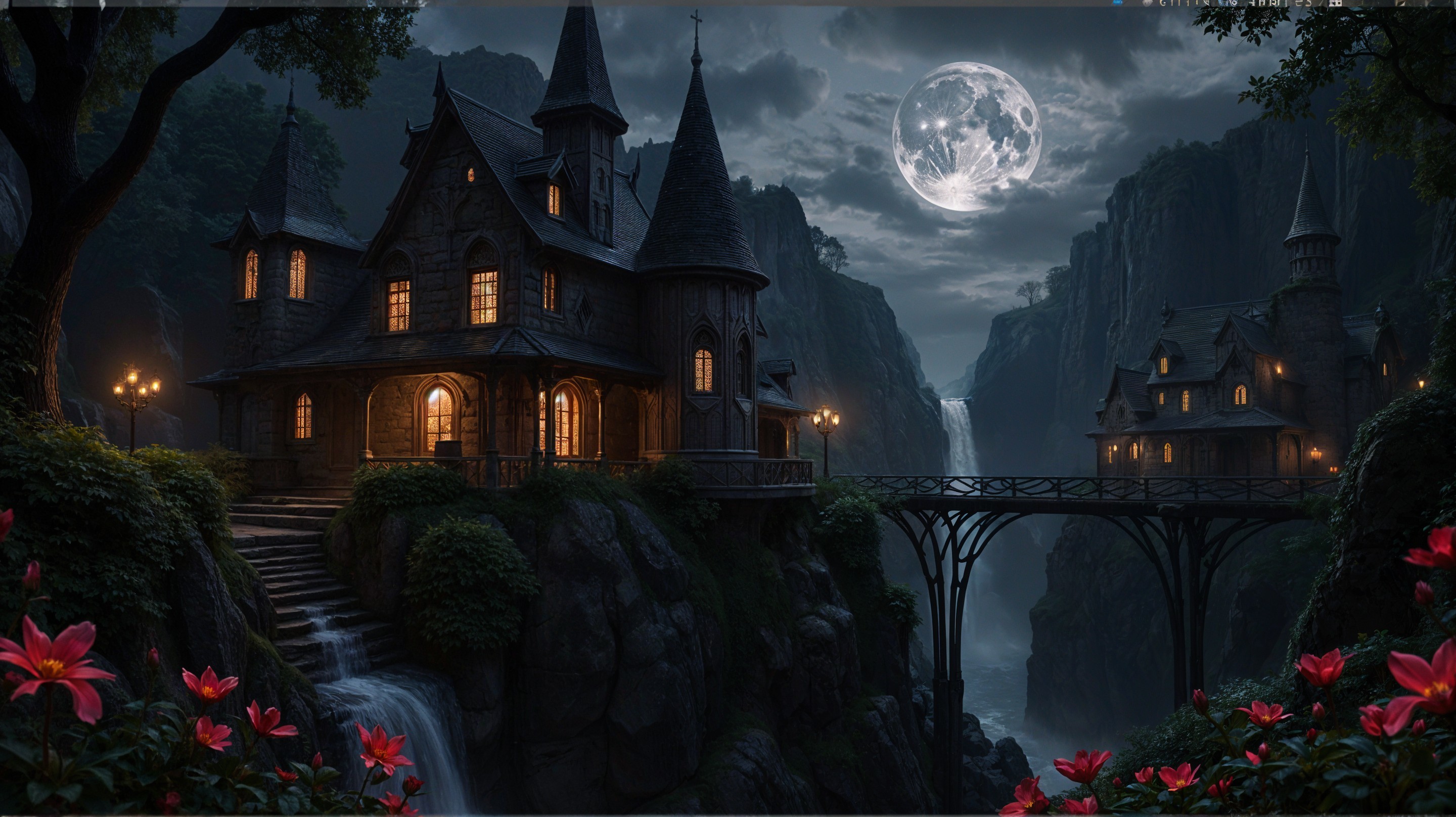 Gothic Mansion in a Mystical Landscape at Night