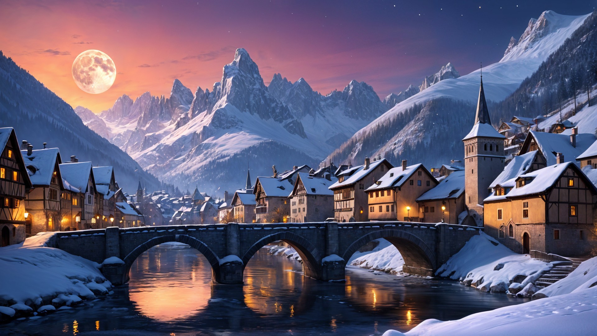 Serene Winter Village Under Twilight Sky and Moonlight